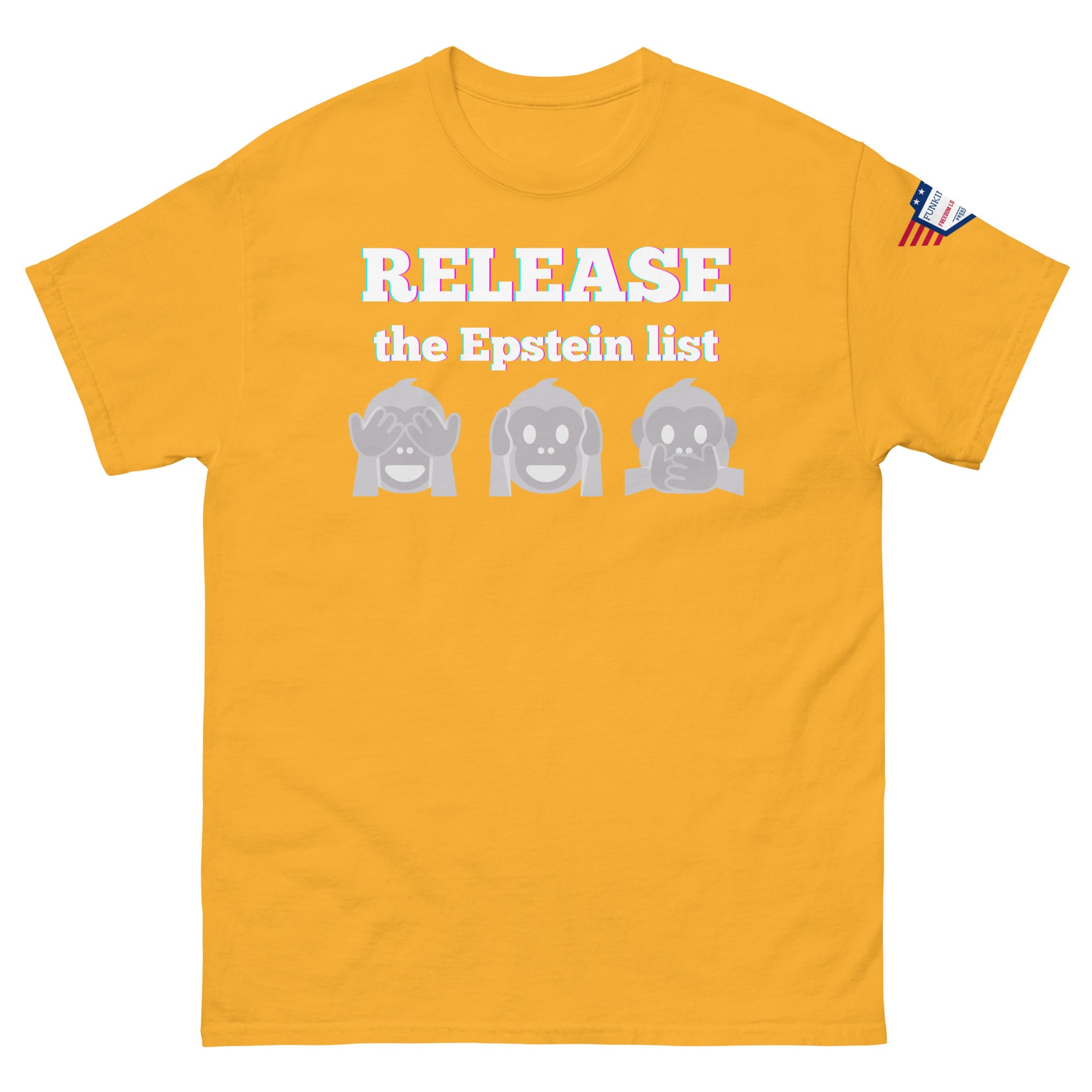 Gold yellow unisex tee front view, glowing "RELEASE THE EPSTEIN LIST" print with gray monkey emojis, US flag sleeve patch