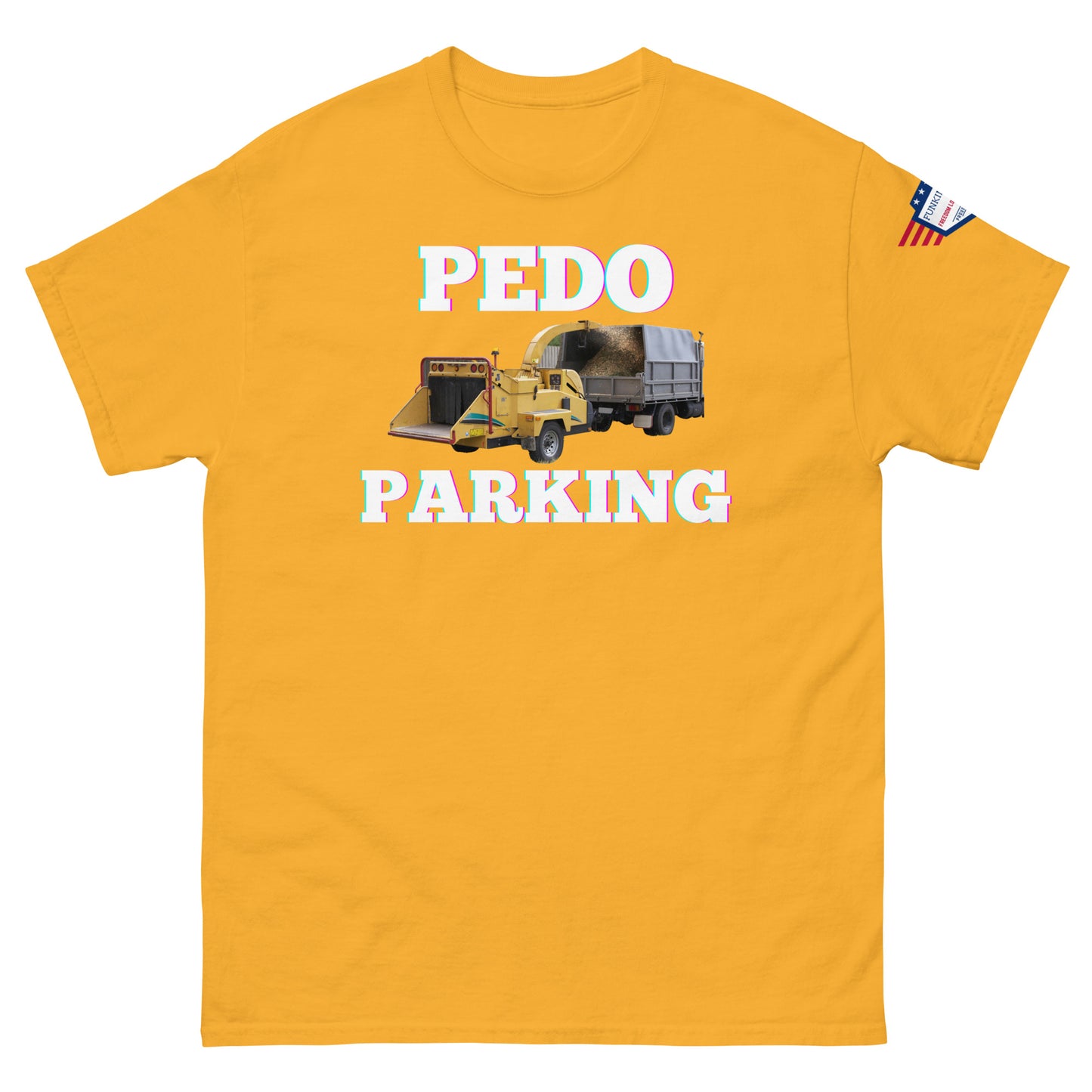 Front view of bright yellow tee with shiny "PEDODO PARKING" loader meme and USA patch