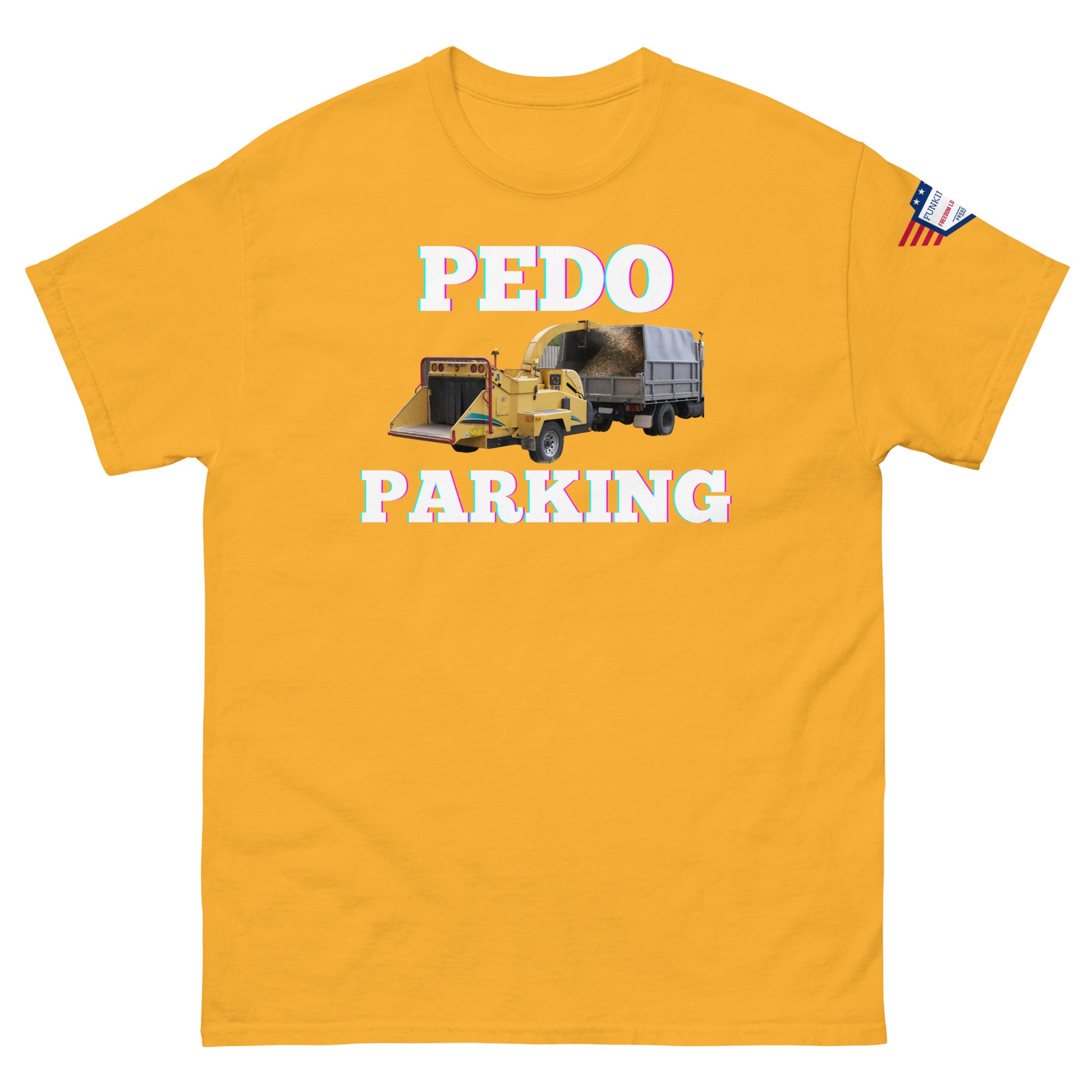 Front view of bright yellow tee with shiny "PEDODO PARKING" loader meme and USA patch