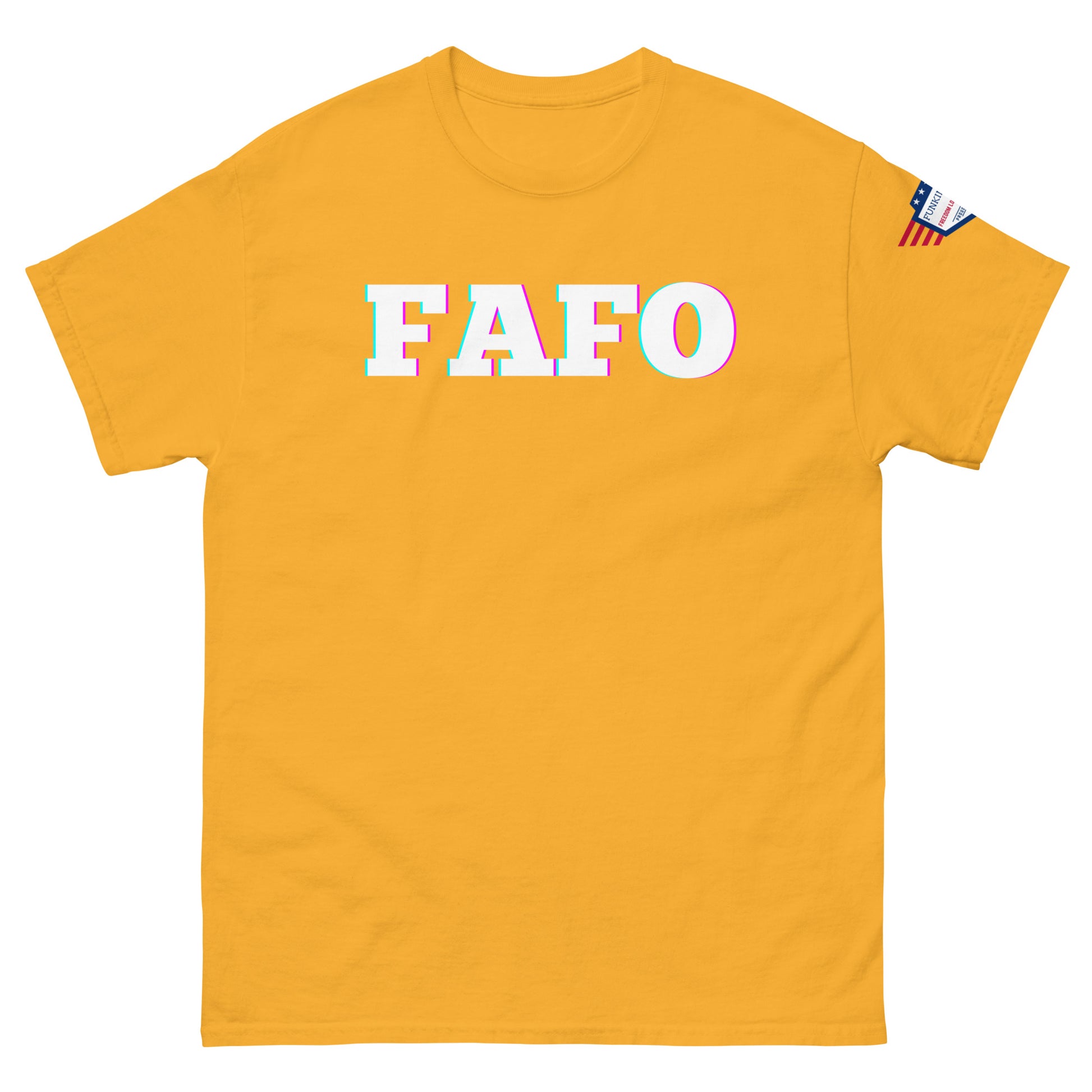 Front view of mustard yellow unisex t-shirt with standout "FAFO" glitch print and US flag patch