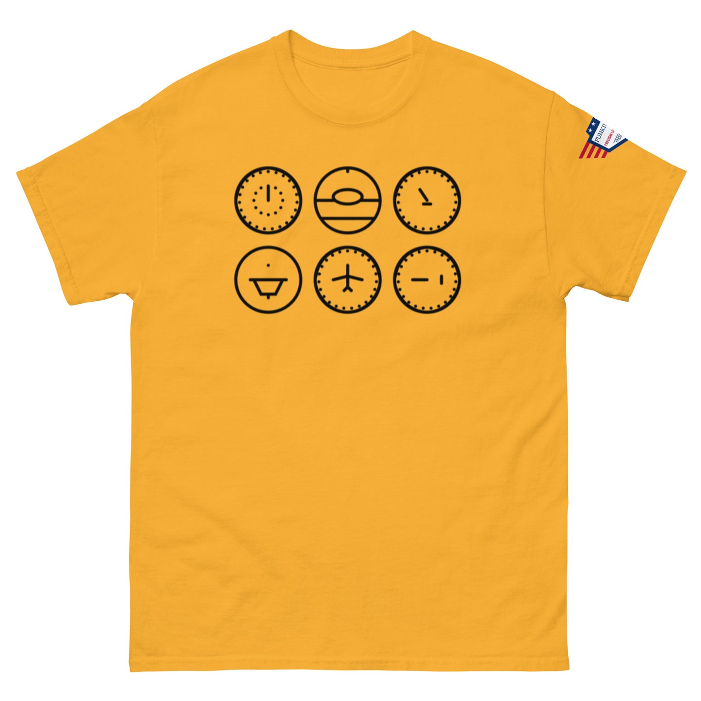 Front view of golden yellow unisex t-shirt showing six black clock emoji designs, US flag label