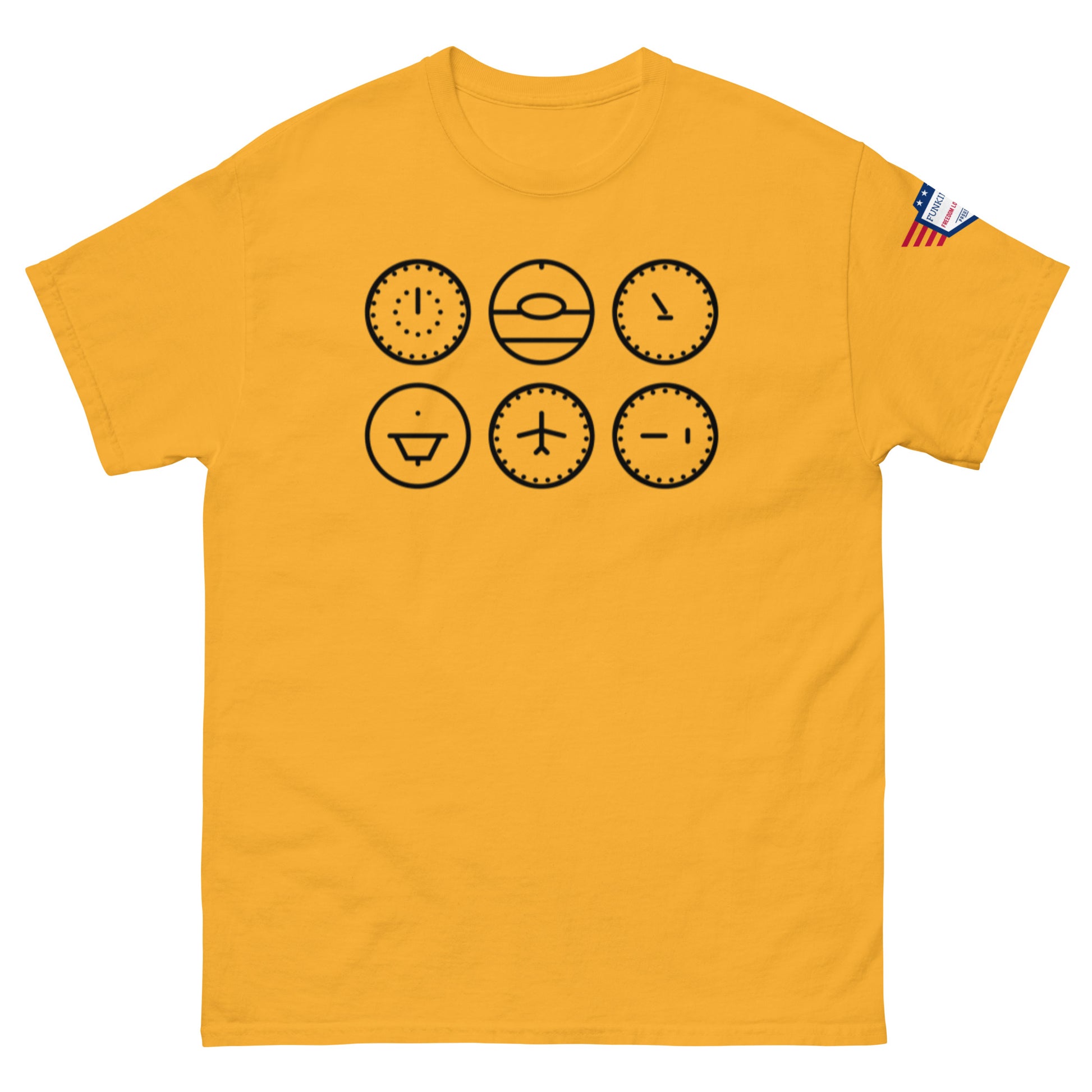 Front view of golden yellow unisex t-shirt showing six black clock emoji designs, US flag label