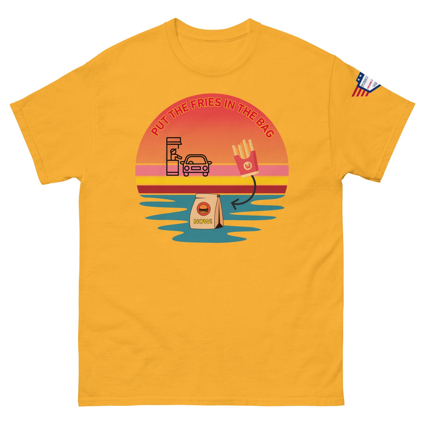 Front view of bright yellow unisex T-shirt with "Put the fries in the bag" colorful drive-thru sunset graphic and flag patch