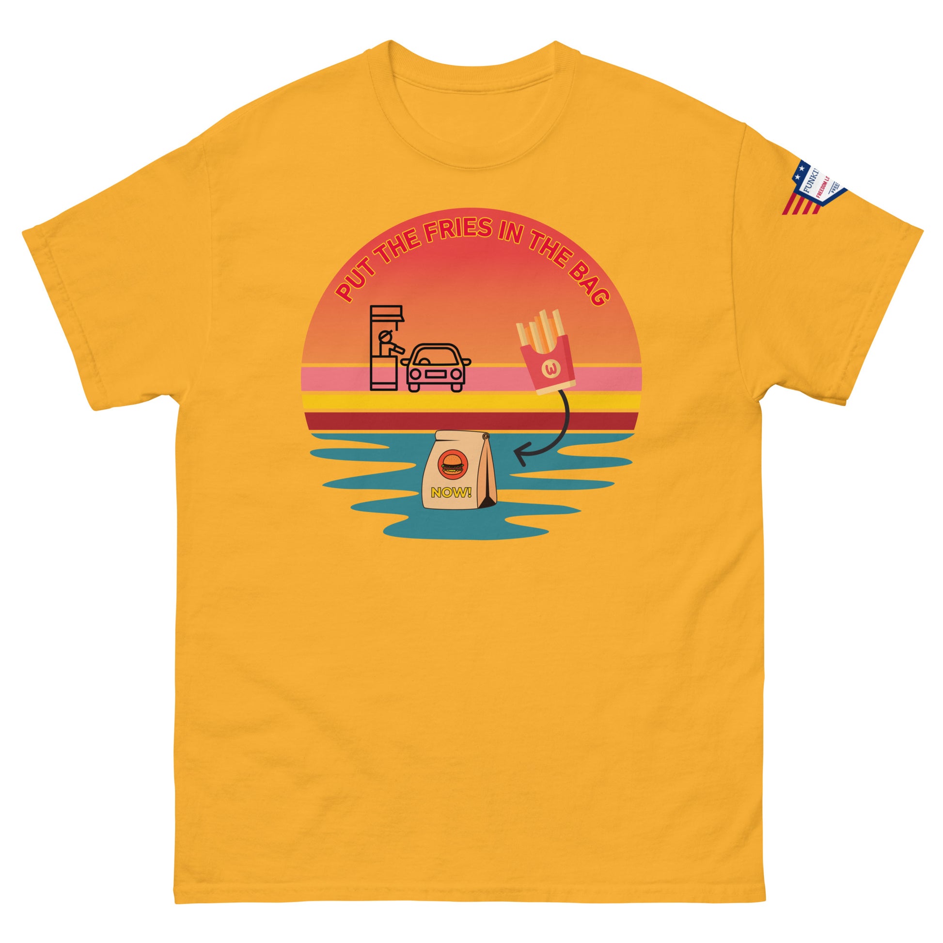 Front view of bright yellow unisex T-shirt with "Put the fries in the bag" colorful drive-thru sunset graphic and flag patch