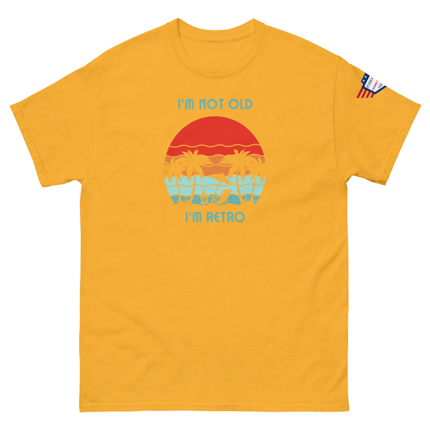 Front view of yellow unisex t-shirt rocking "I'm not old I'm retro" with vibrant retro sunset palms, US flag on sleeve