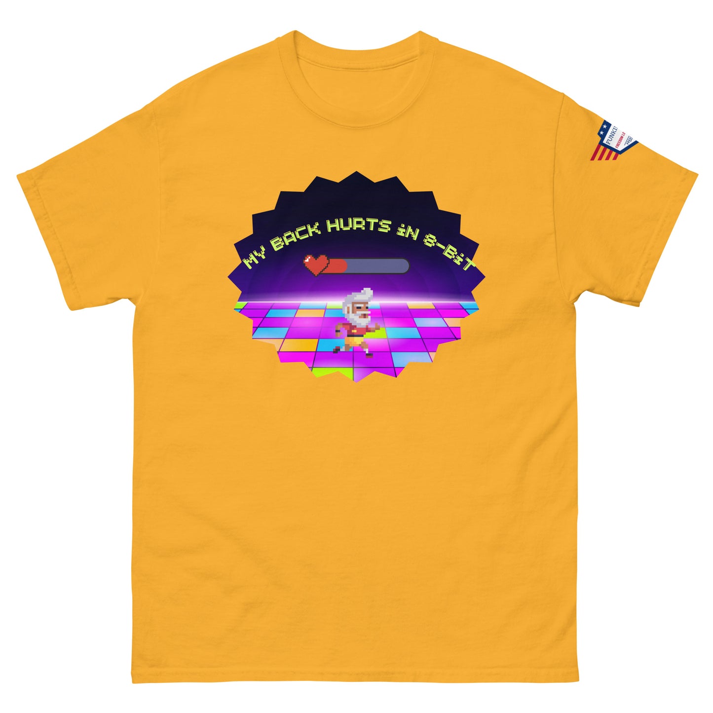 Front view of bright yellow unisex tee with "My Back Hurts 98%" retro chef meme on vibrant floor, USA sleeve patch