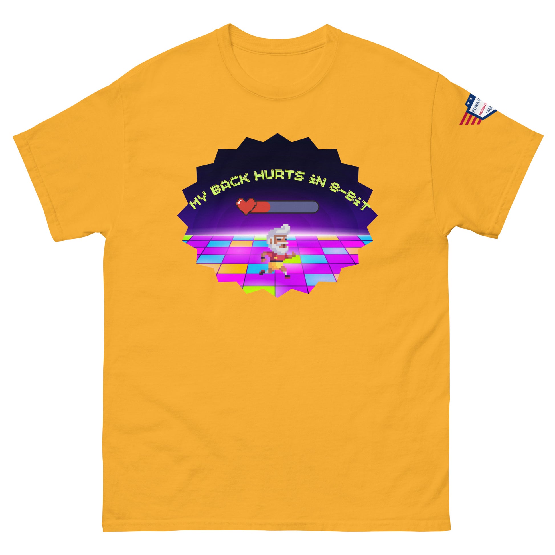 Front view of bright yellow unisex tee with "My Back Hurts 98%" retro chef meme on vibrant floor, USA sleeve patch