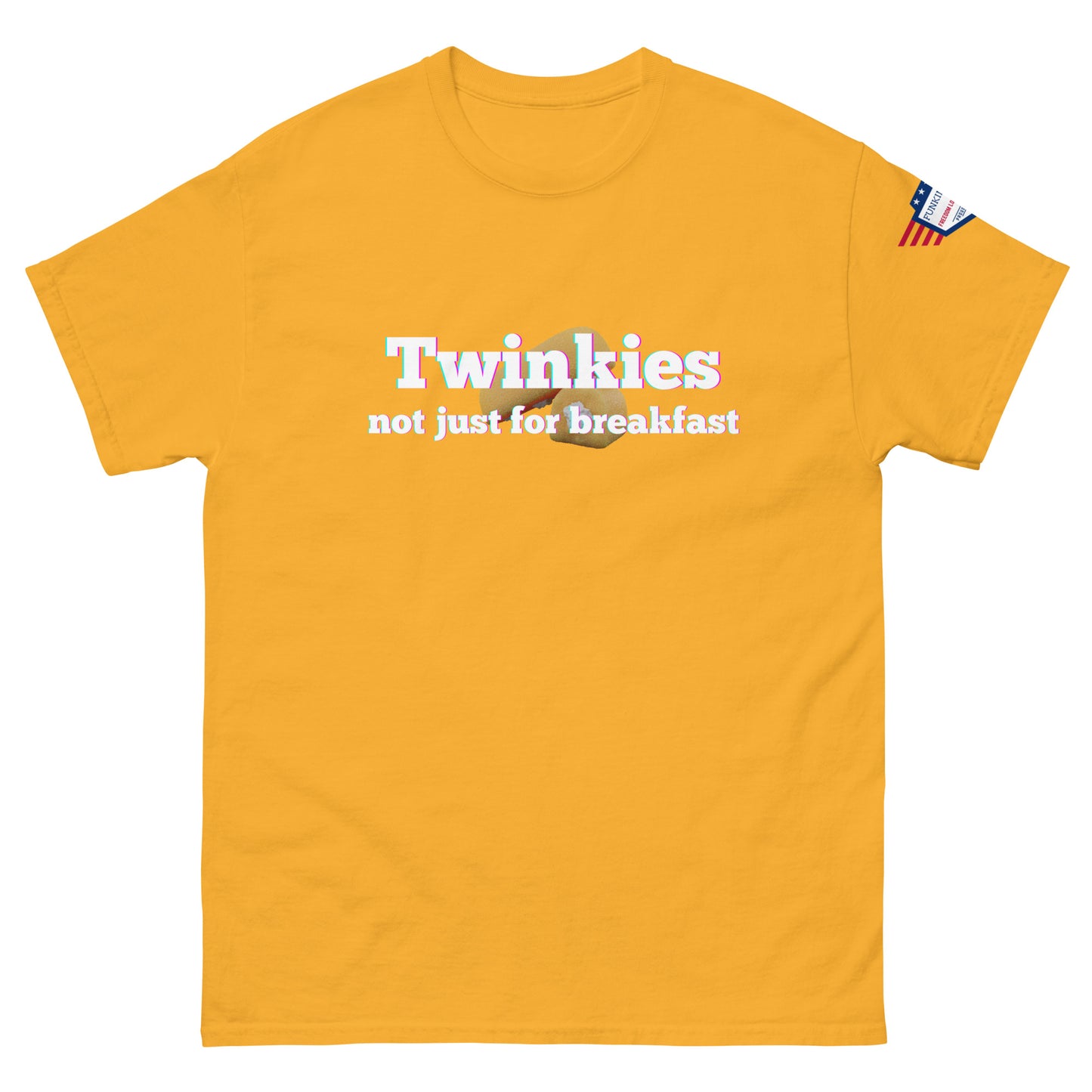 Front view of bright yellow unisex tee with rainbow "Twinkies" over Twinkie graphic and white "not just for breakfast" text, flag sleeve patch