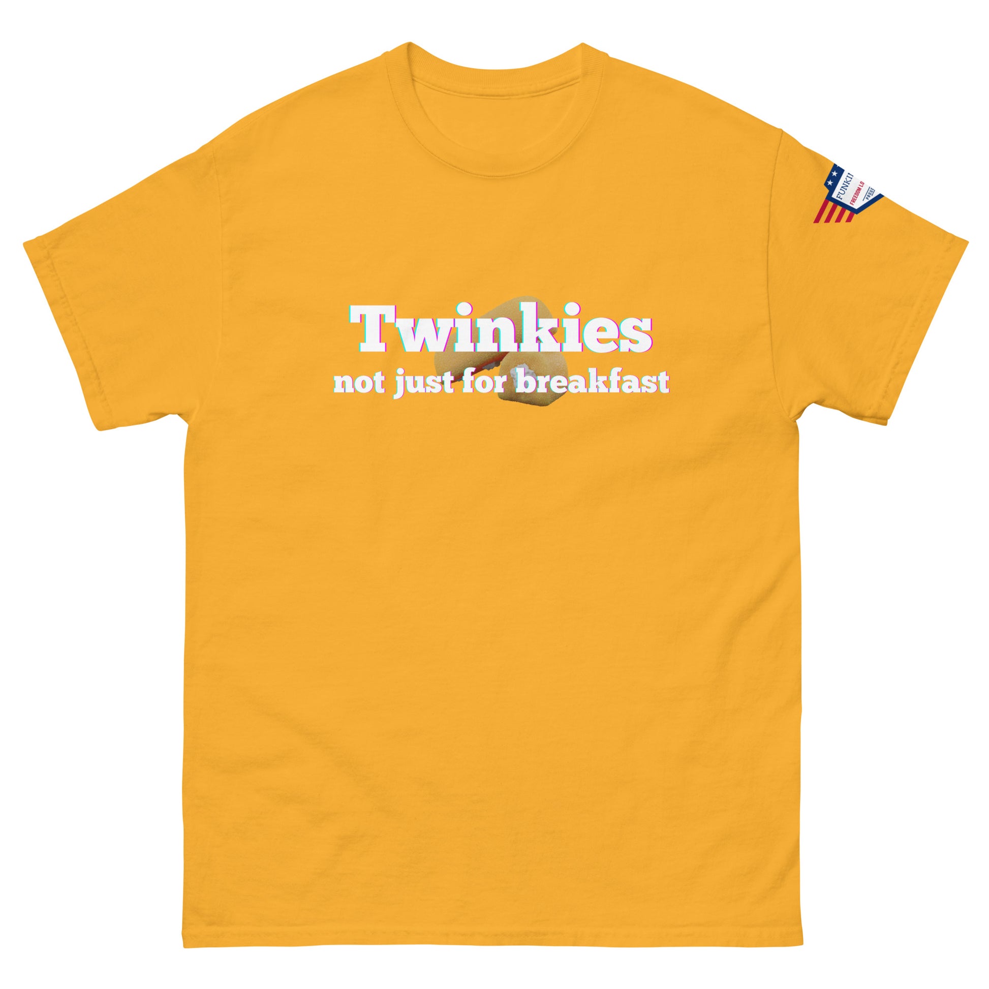 Front view of bright yellow unisex tee with rainbow "Twinkies" over Twinkie graphic and white "not just for breakfast" text, flag sleeve patch