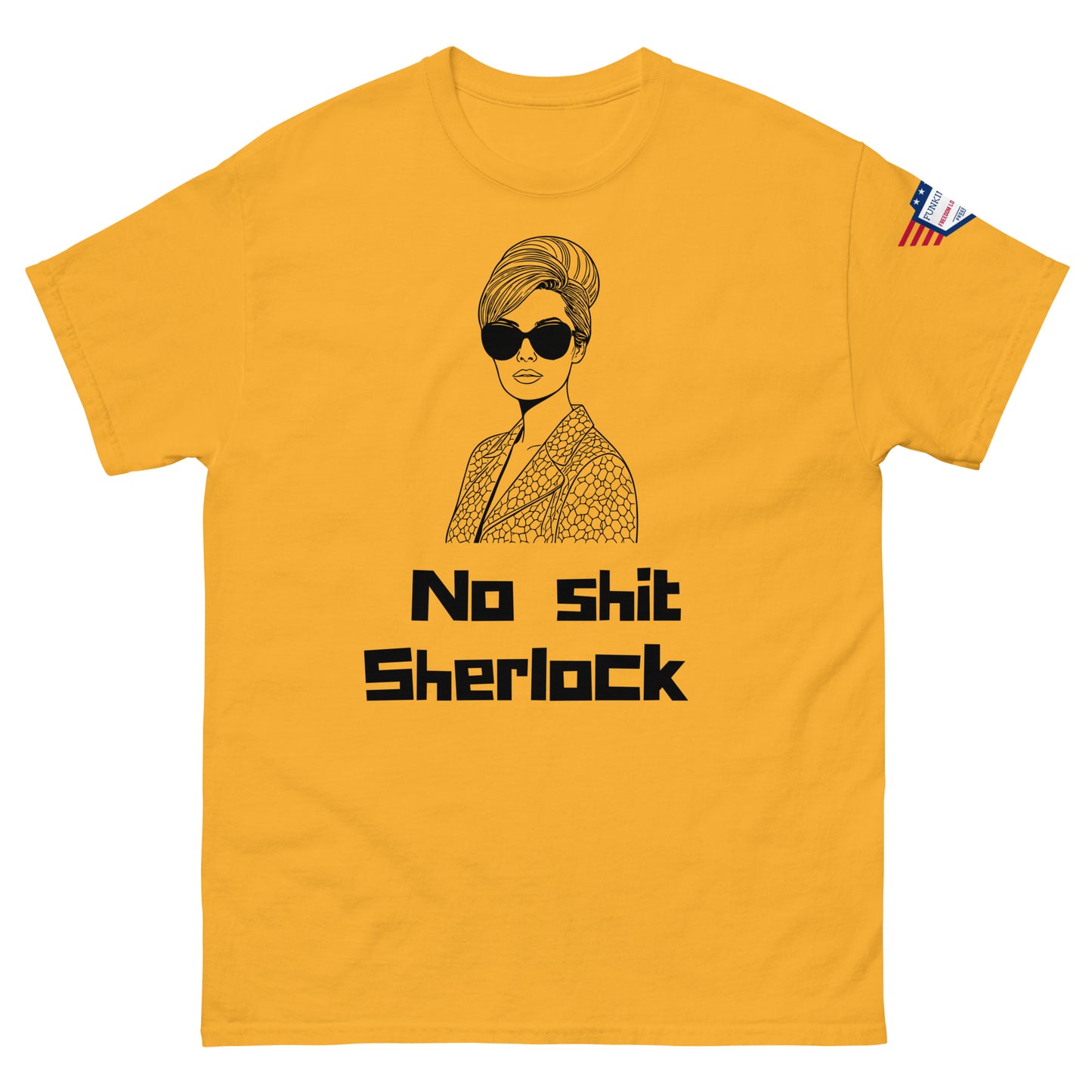 Front view of mustard yellow unisex tee with diva drawing and "No shit Sherlock" vibe