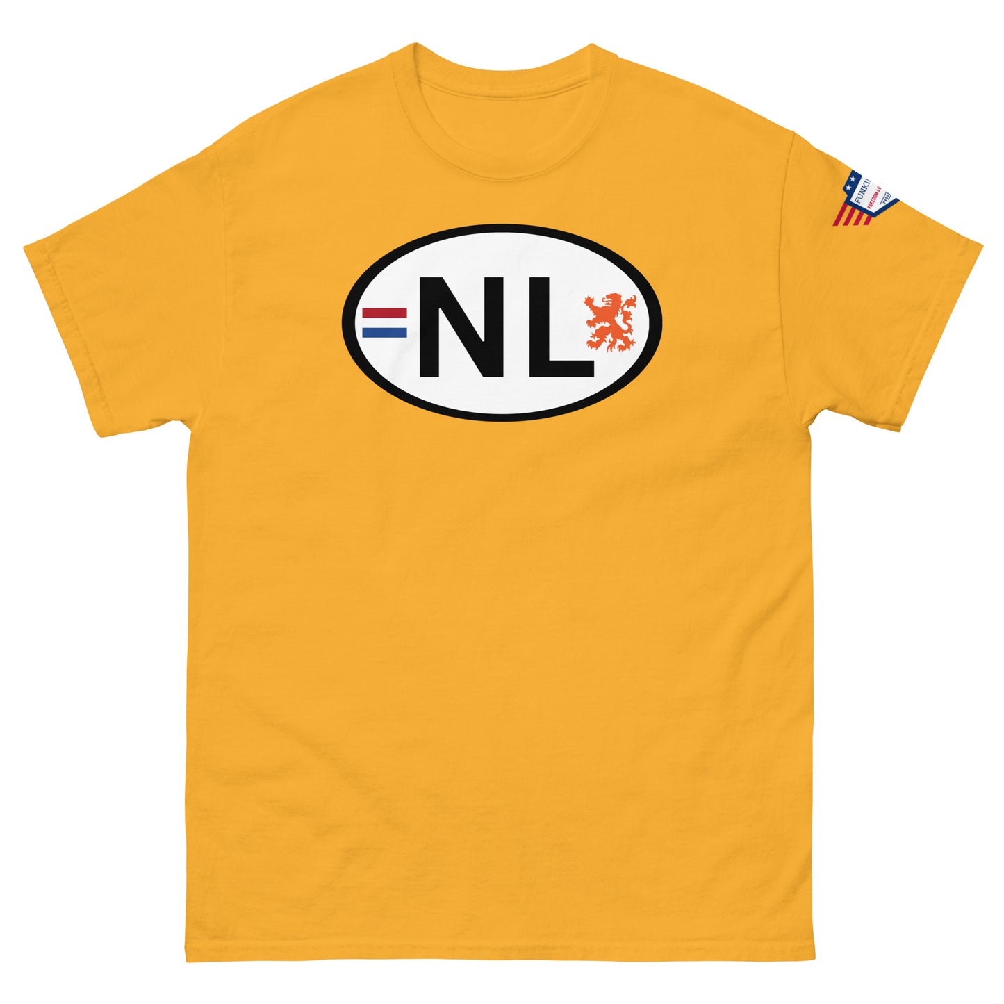 Front view of golden yellow unisex tee with white NL lion license plate graphic, sleeve flag patch
