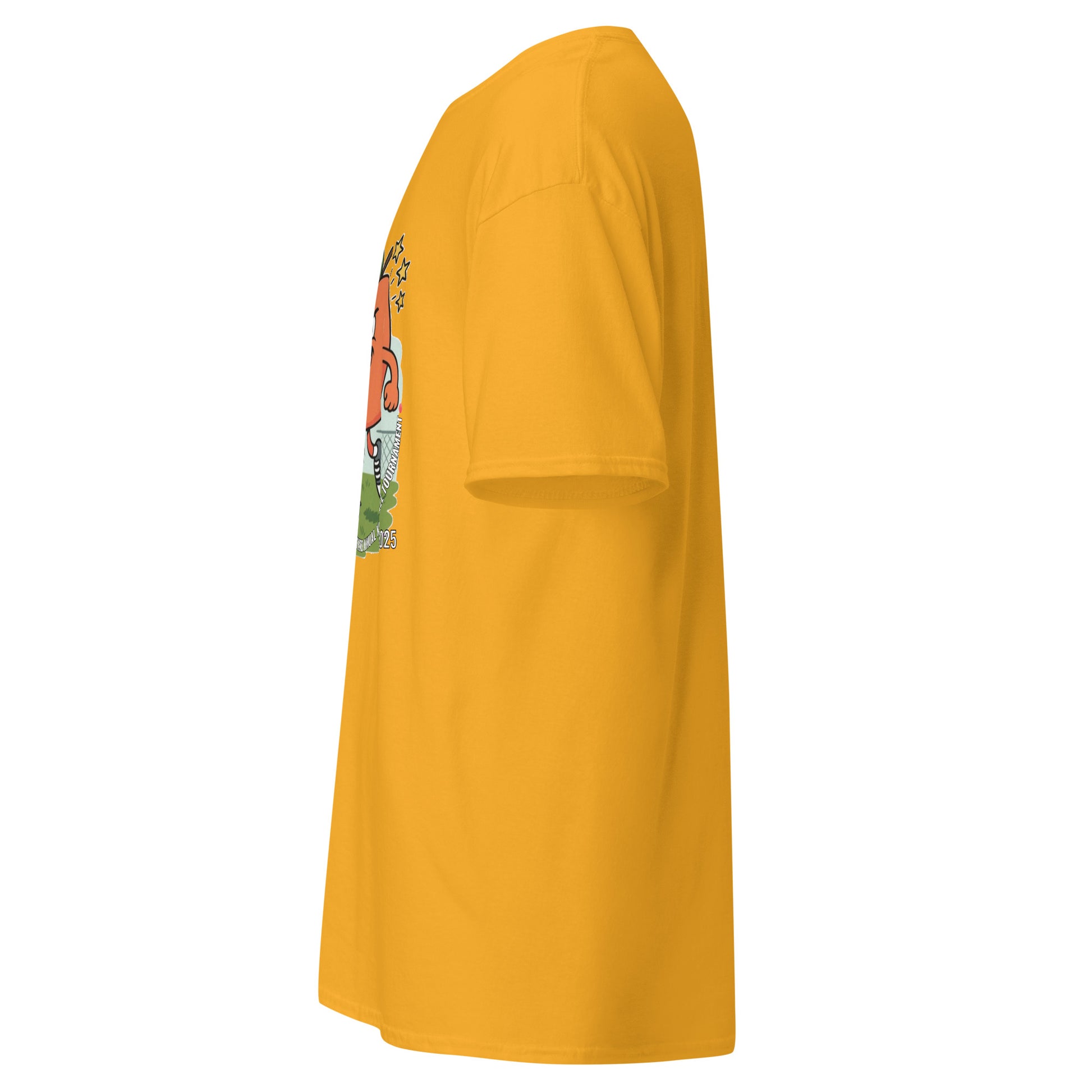 Right side view of gold tee revealing edge of Georgia peach kickball tournament graphic