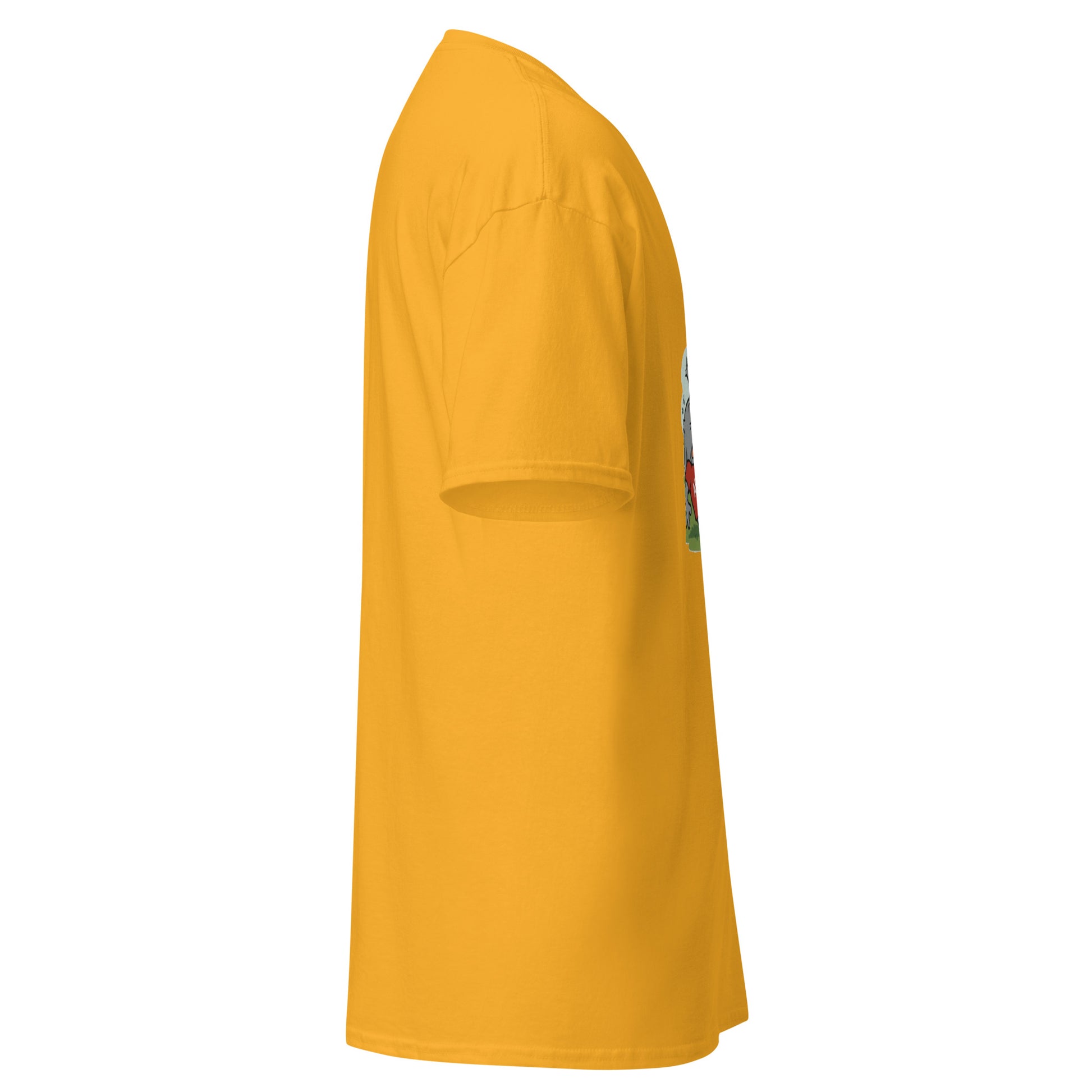 Left side view of gold tee showing partial Alabama elephant and grass from kickball print
