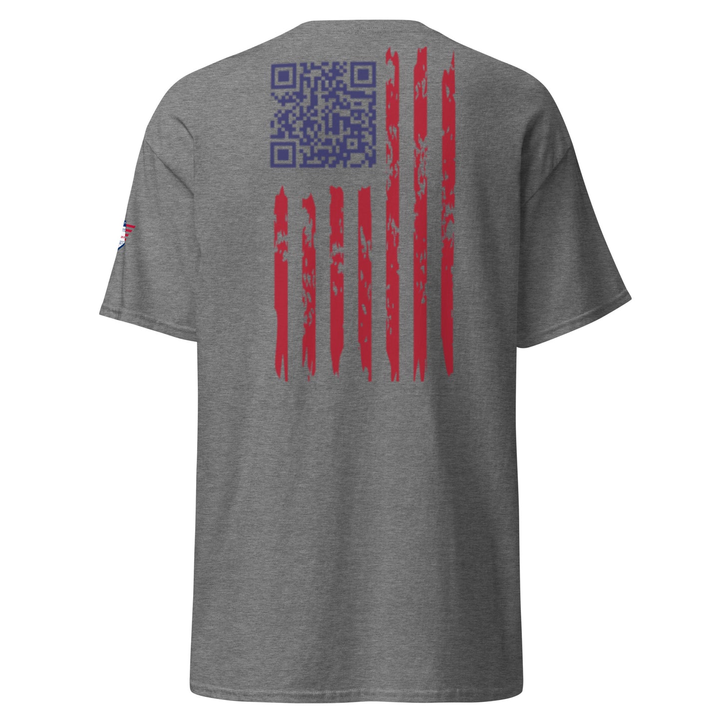 Back view of heather gray t-shirt with distressed US flag and blue Trump dance QR code