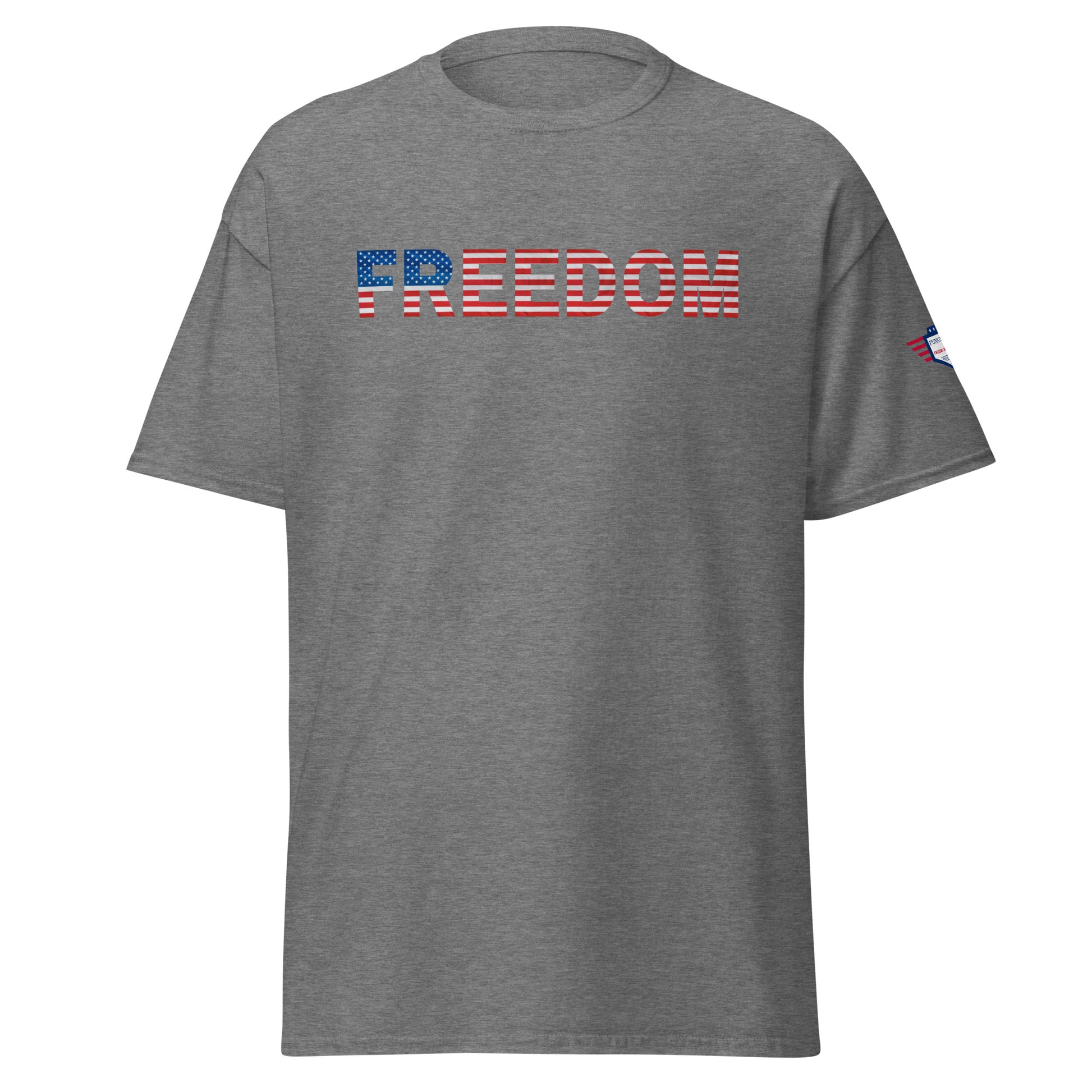 Front view of heather gray FREEDOM t-shirt with bold flag-style lettering and small sleeve flag patch