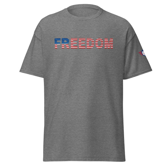 Front view of heather gray FREEDOM t-shirt with bold flag-style lettering and small sleeve flag patch