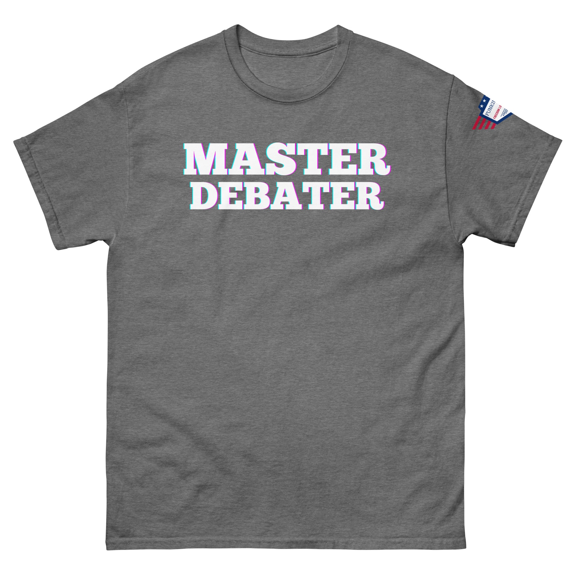 Front view of dark heather gray unisex tee with "MASTER DEBATER" white chromatic glow text, flag sleeve