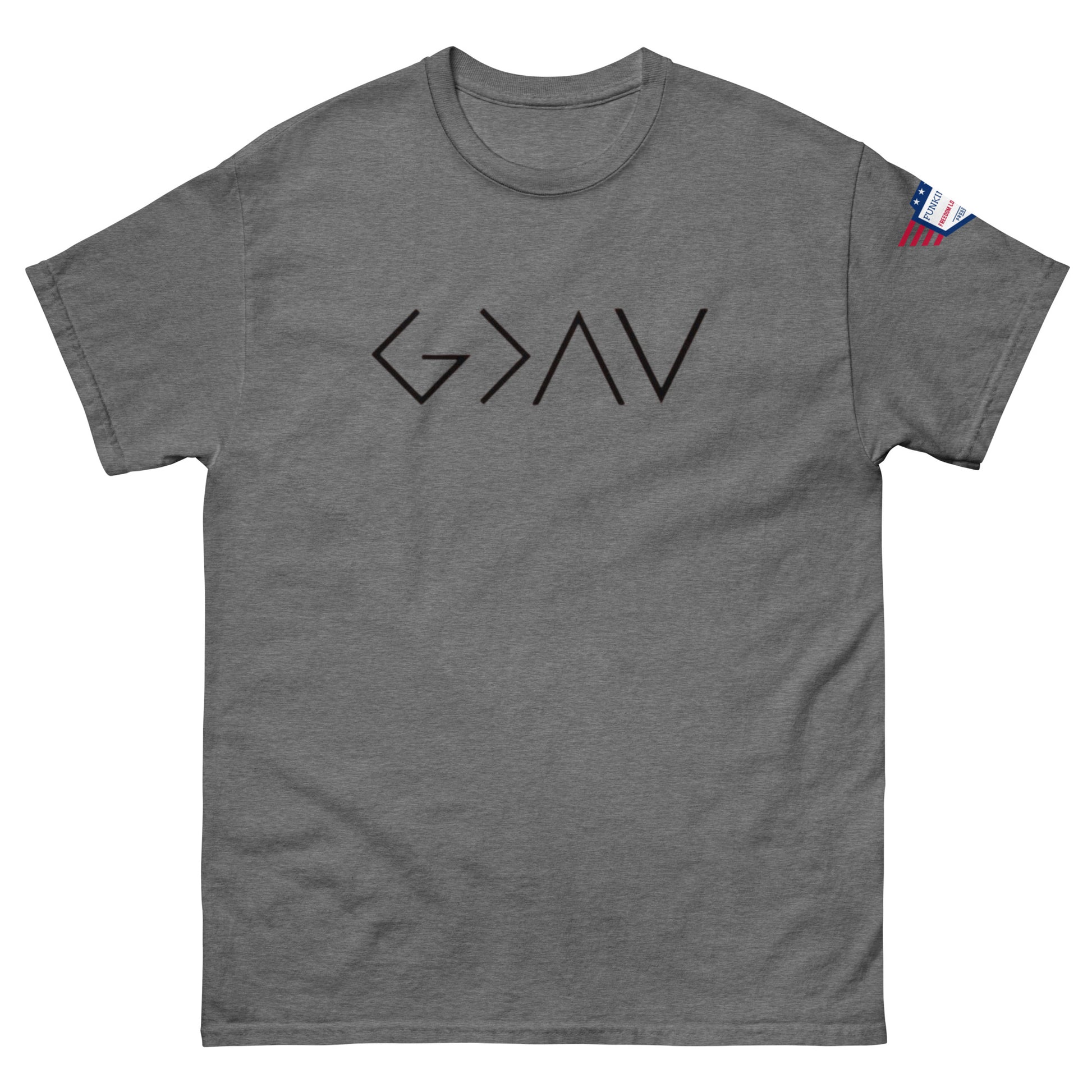 Front view of dark heather gray unisex t-shirt with bold black "G > AV" chest print and US flag sleeve patch