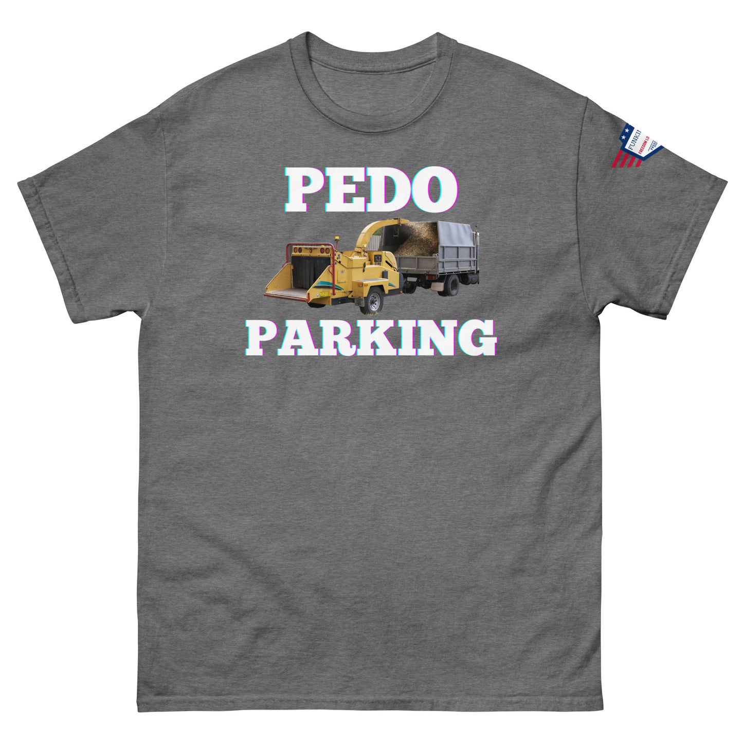 Front view of charcoal heather unisex tee with pink-glow "PLOWDO PARKING" print, yellow plow truck graphic, USA flag sleeve patch
