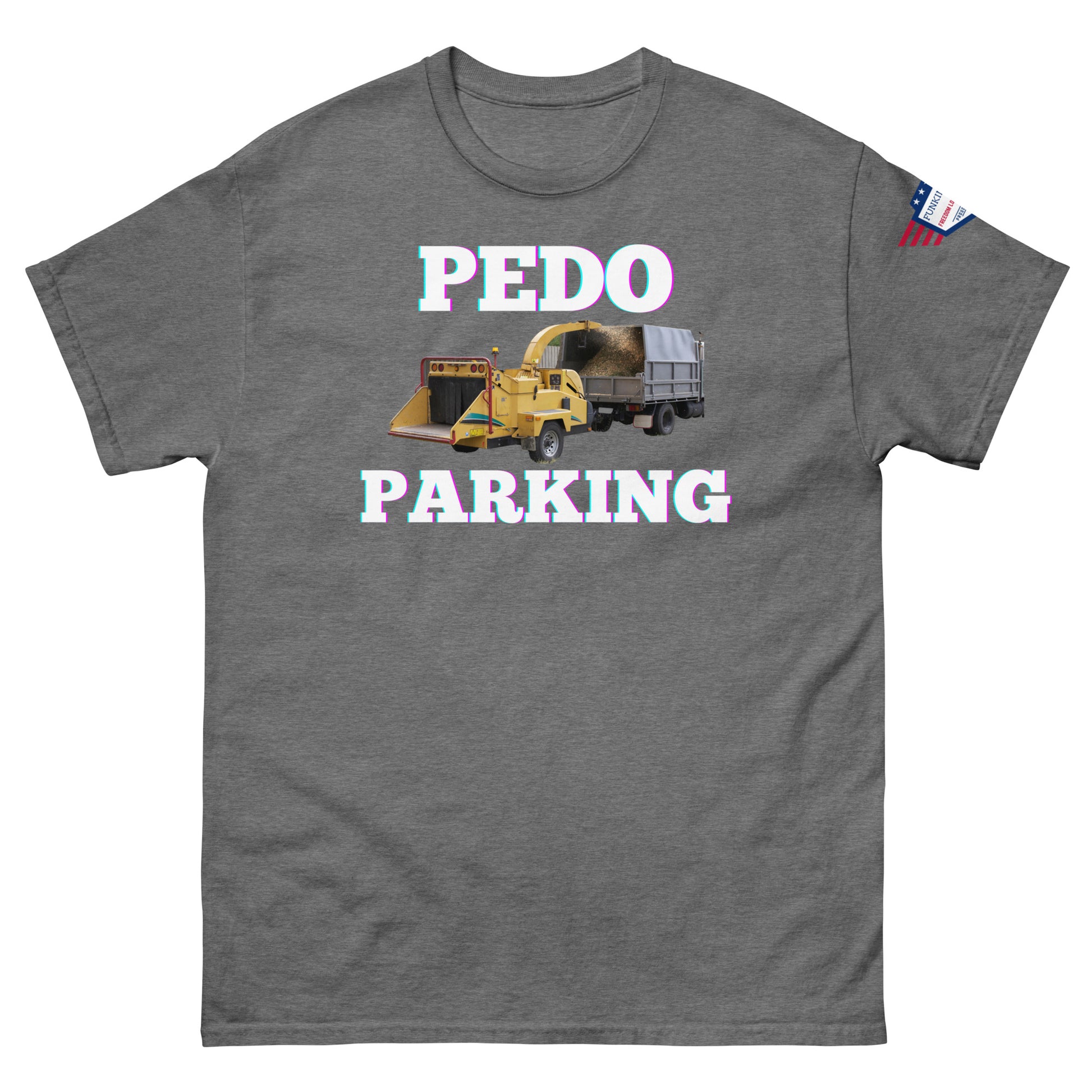 Front view of charcoal heather unisex tee with pink-glow "PLOWDO PARKING" print, yellow plow truck graphic, USA flag sleeve patch