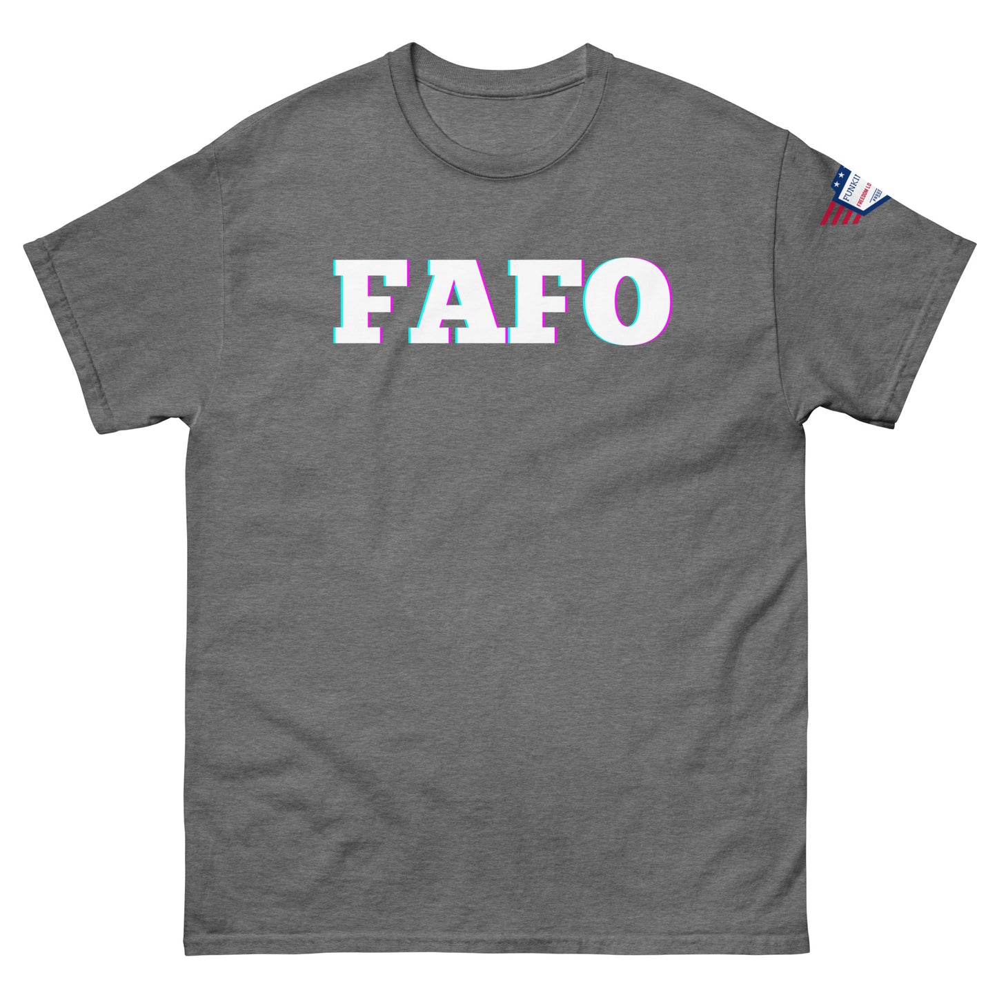Front view of ash grey unisex T-shirt with bold white "FAFO" glitch graphic and US flag sleeve patch