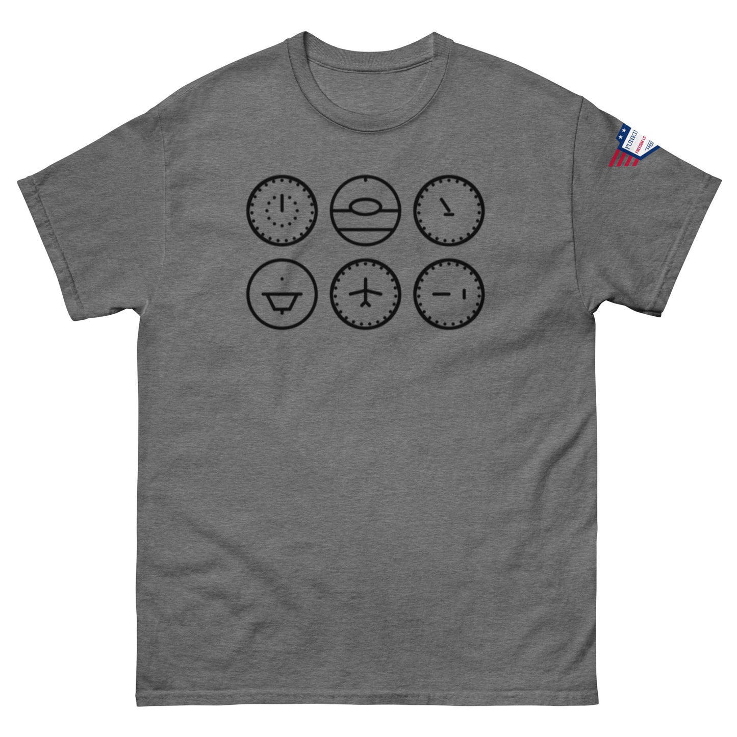 Charcoal gray t-shirt front with funny black clock faces judging time