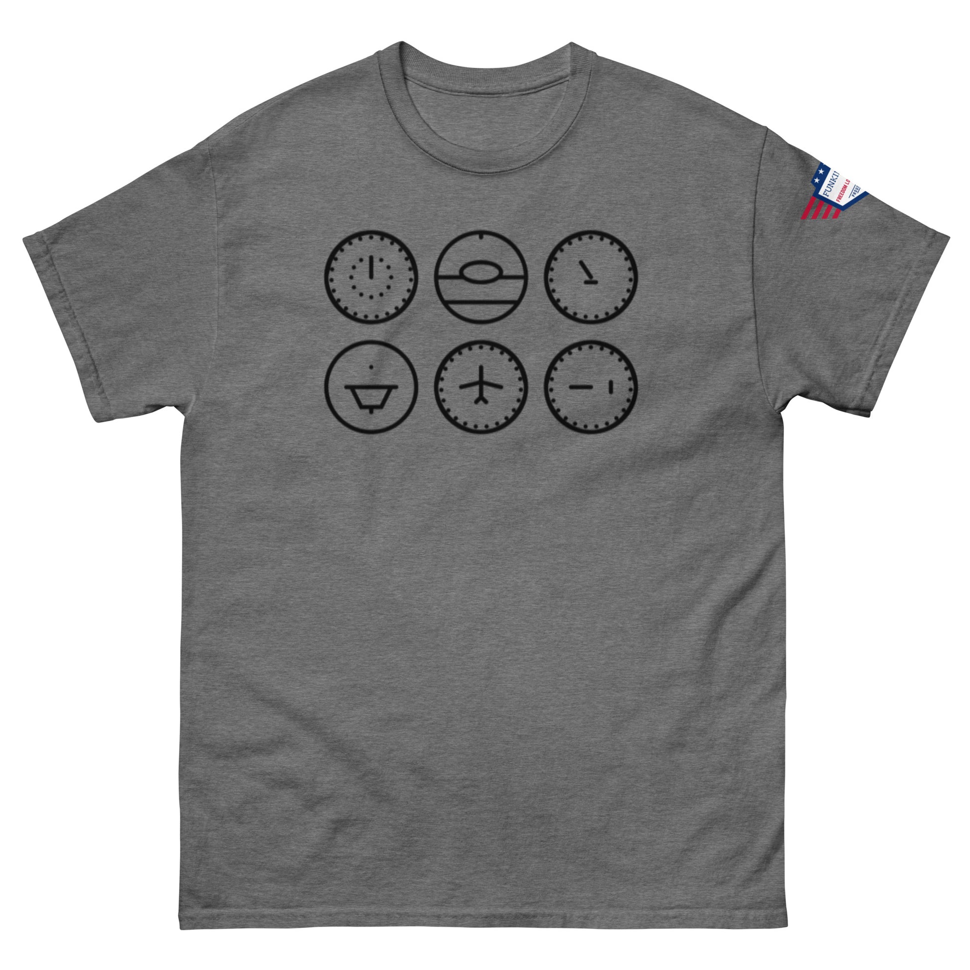 Charcoal gray t-shirt front with funny black clock faces judging time
