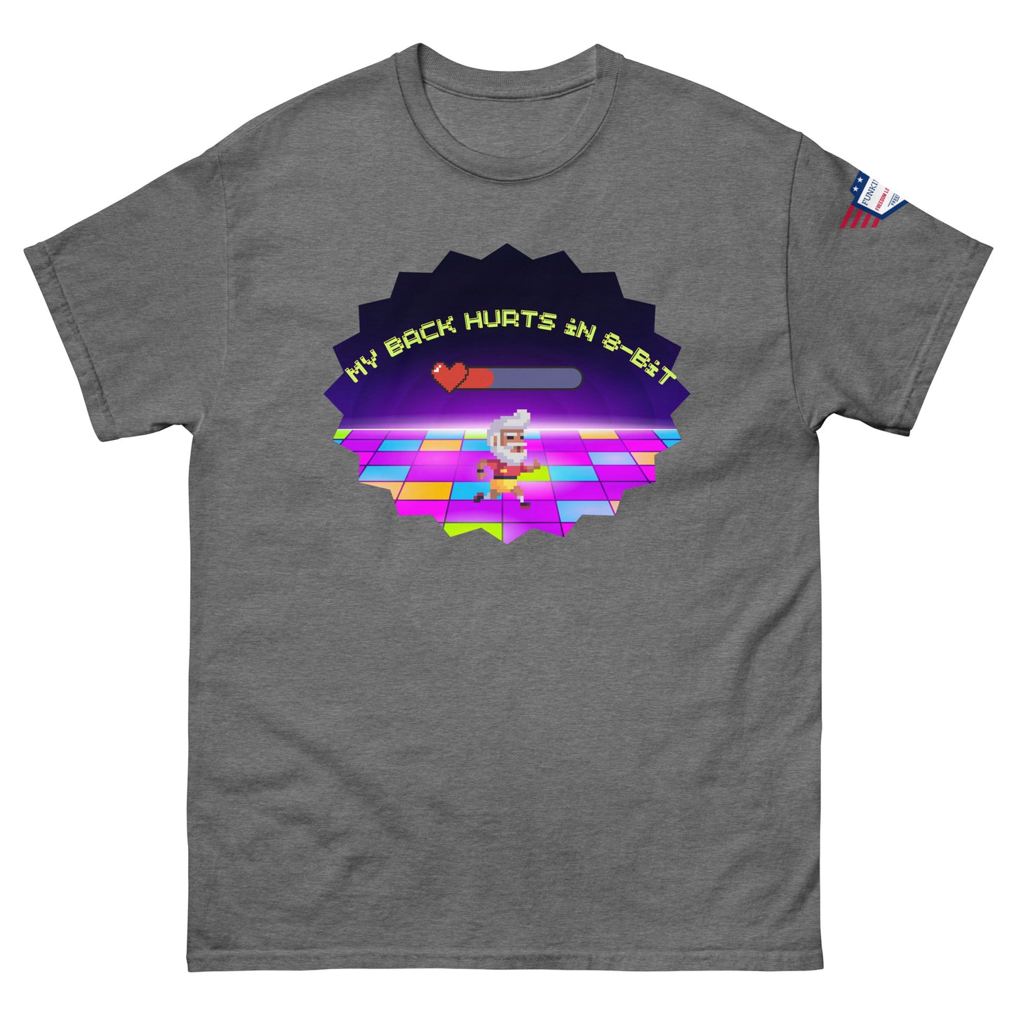 Heather gray tee front view, "My Back Hurts 98%" pixel art chef on retro disco, flag on sleeve