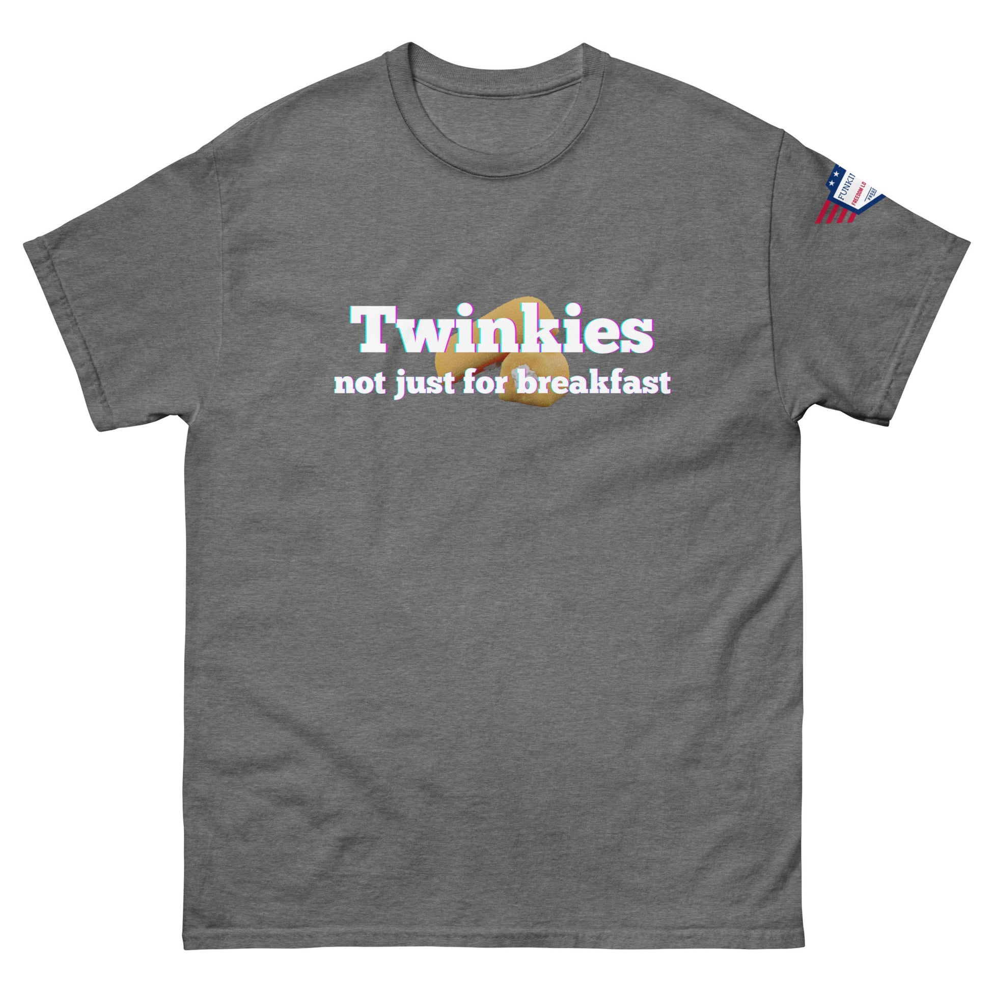 Front view of heather grey unisex tee showing "Twinkiesies not just for breakfast" design, golden Twinkie, flag patch