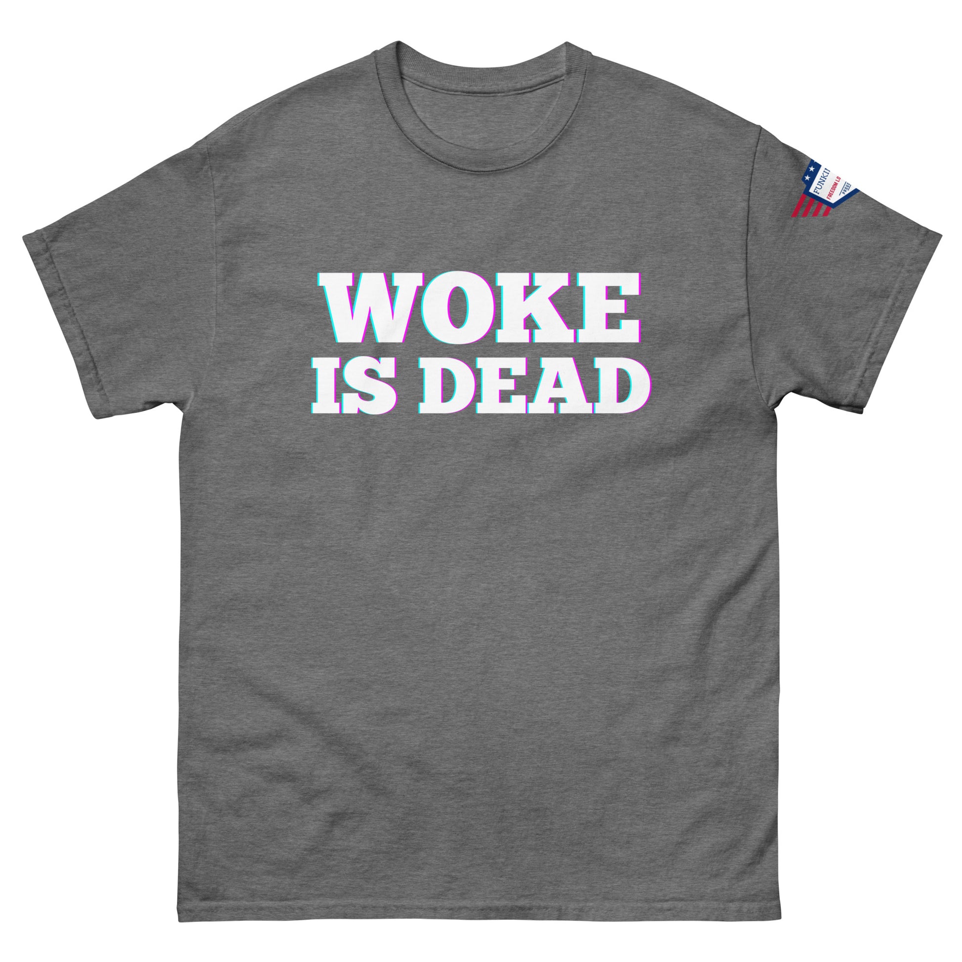 Front view of dark heather gray "WOKE IS DEAD" unisex tee, white bold text with glow, US flag patch