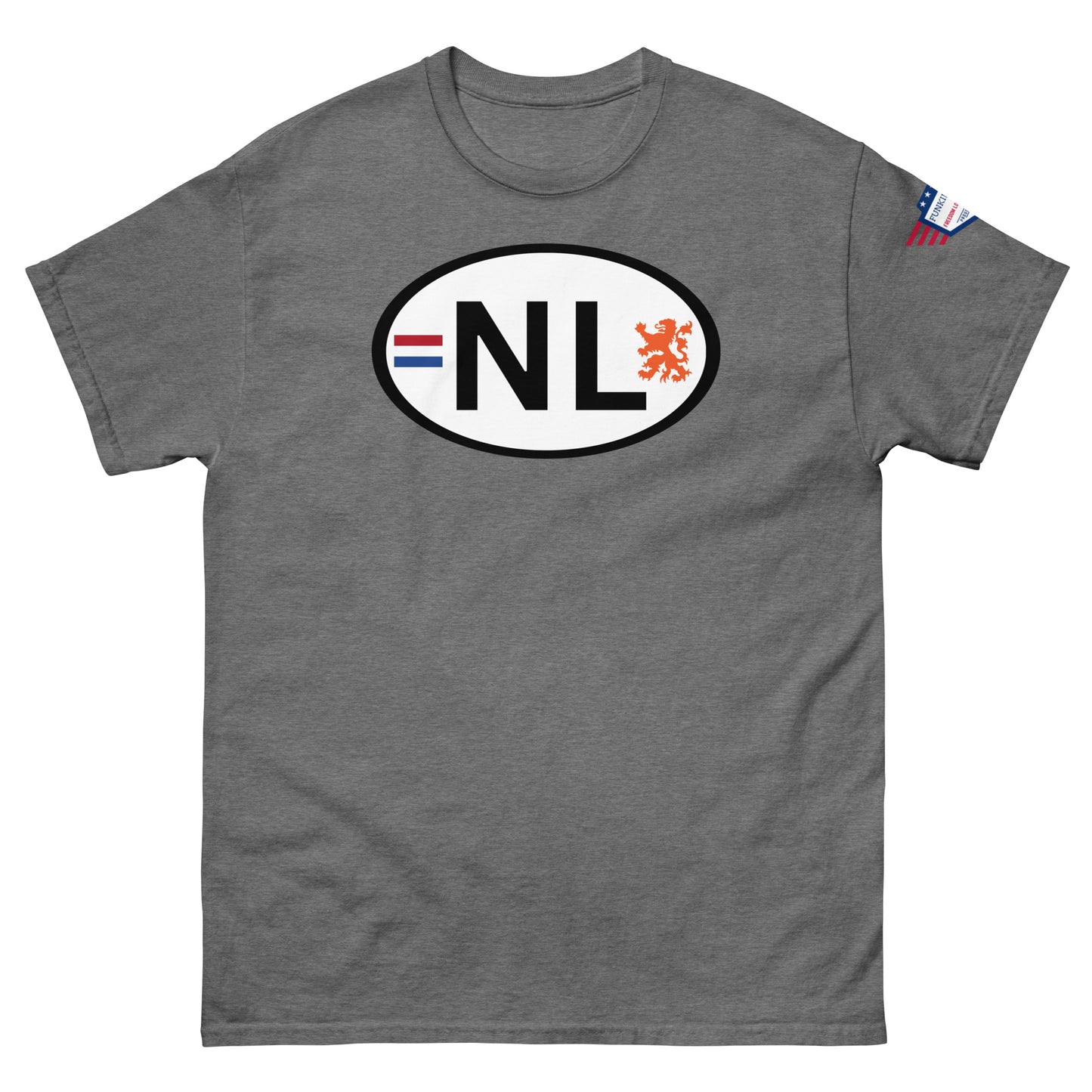 Front view of heather gray classic tee with detailed white "NL" license plate graphic, lion, US flag sleeve label