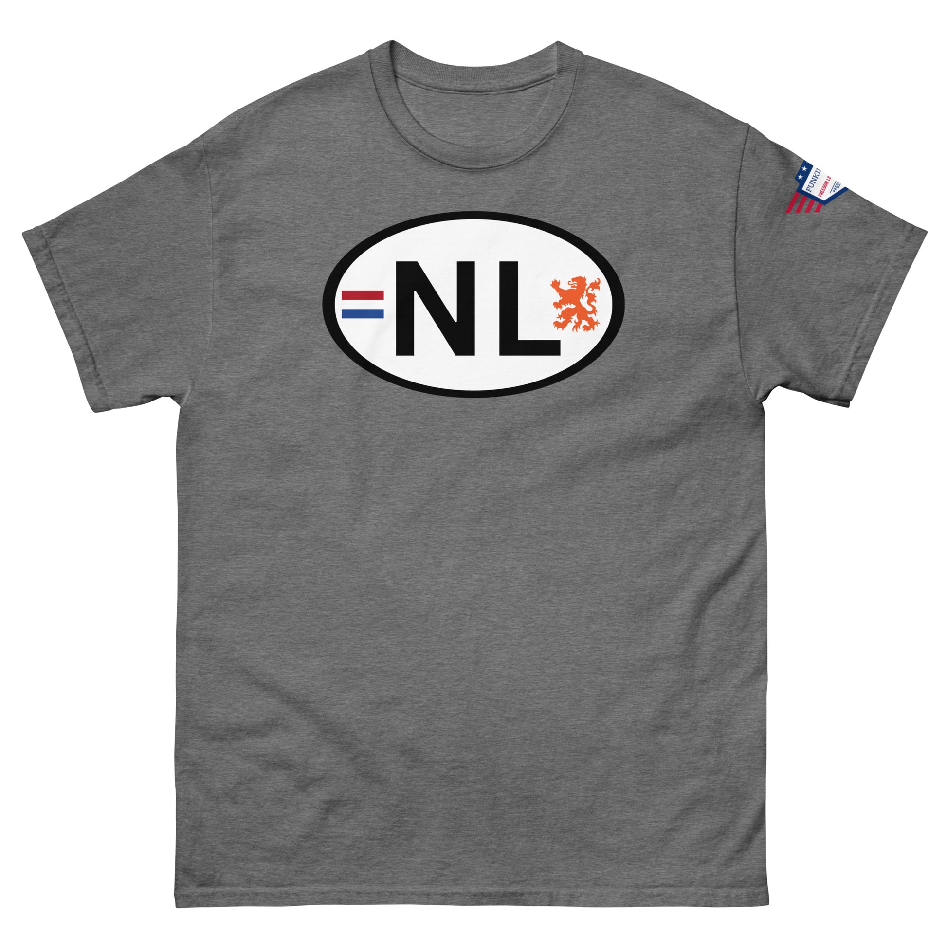 Front view of heather gray classic tee with detailed white "NL" license plate graphic, lion, US flag sleeve label