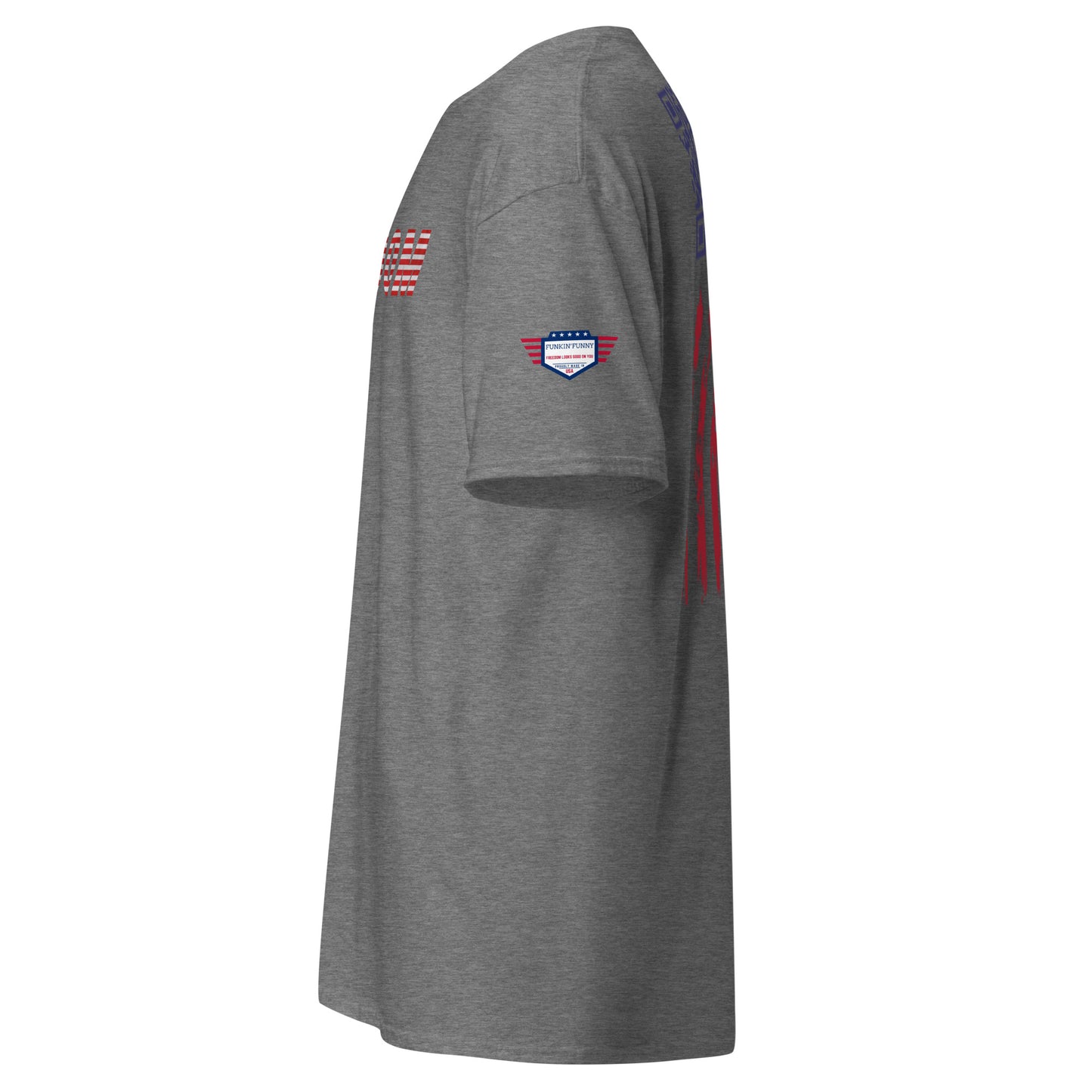 Left side view of heather gray tee with small flag sleeve patch and back stripe hints