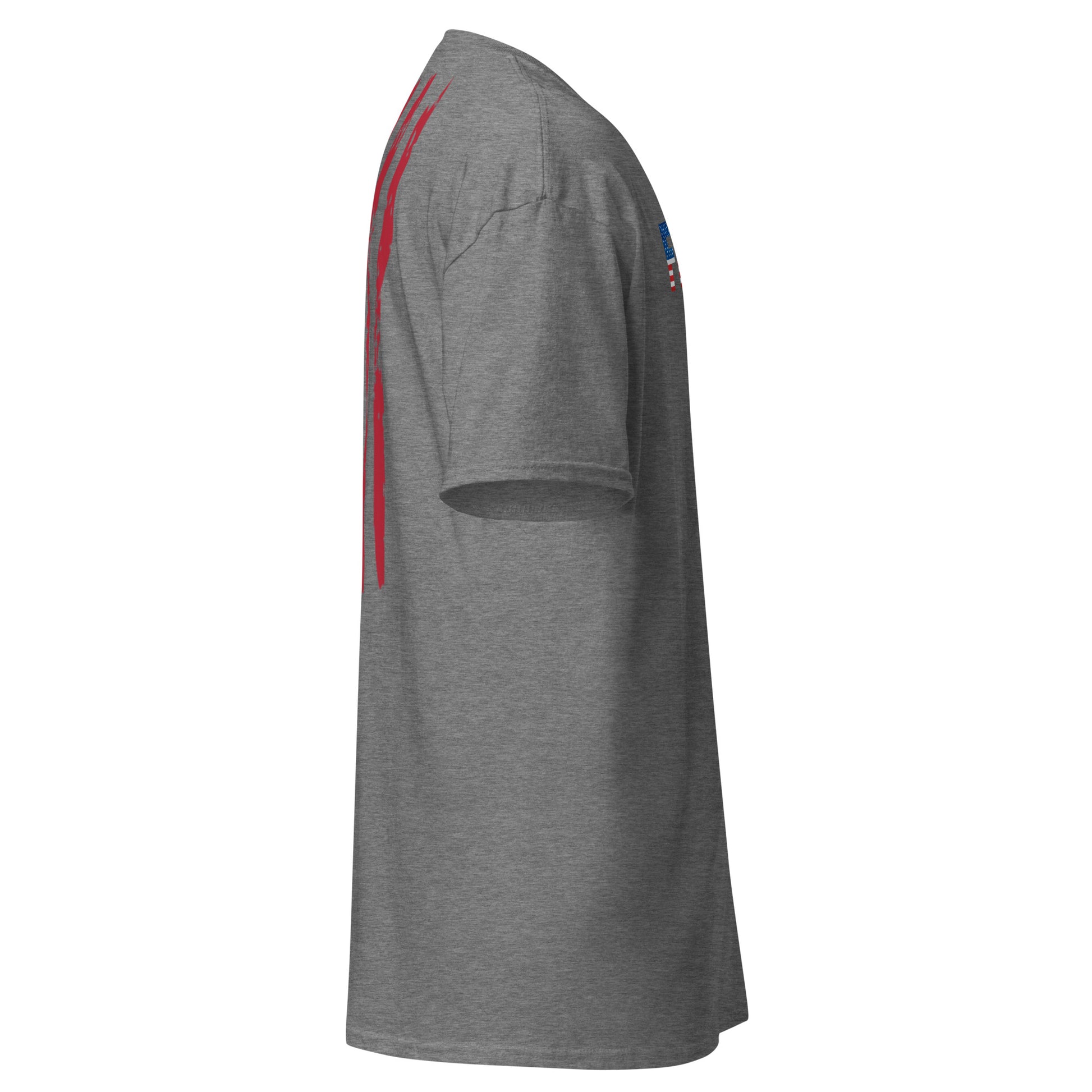 Right side view of heather gray FREEDOM tee showing trailing red flag stripes from back