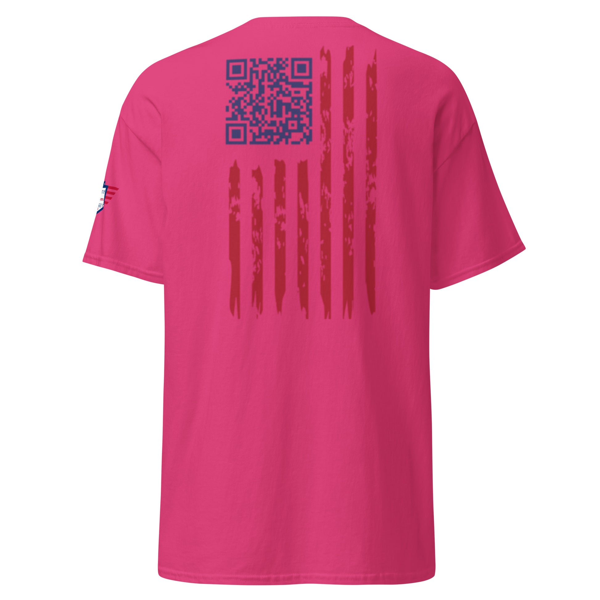 Back view of hot pink t-shirt with blue QR code atop torn red-white US flag