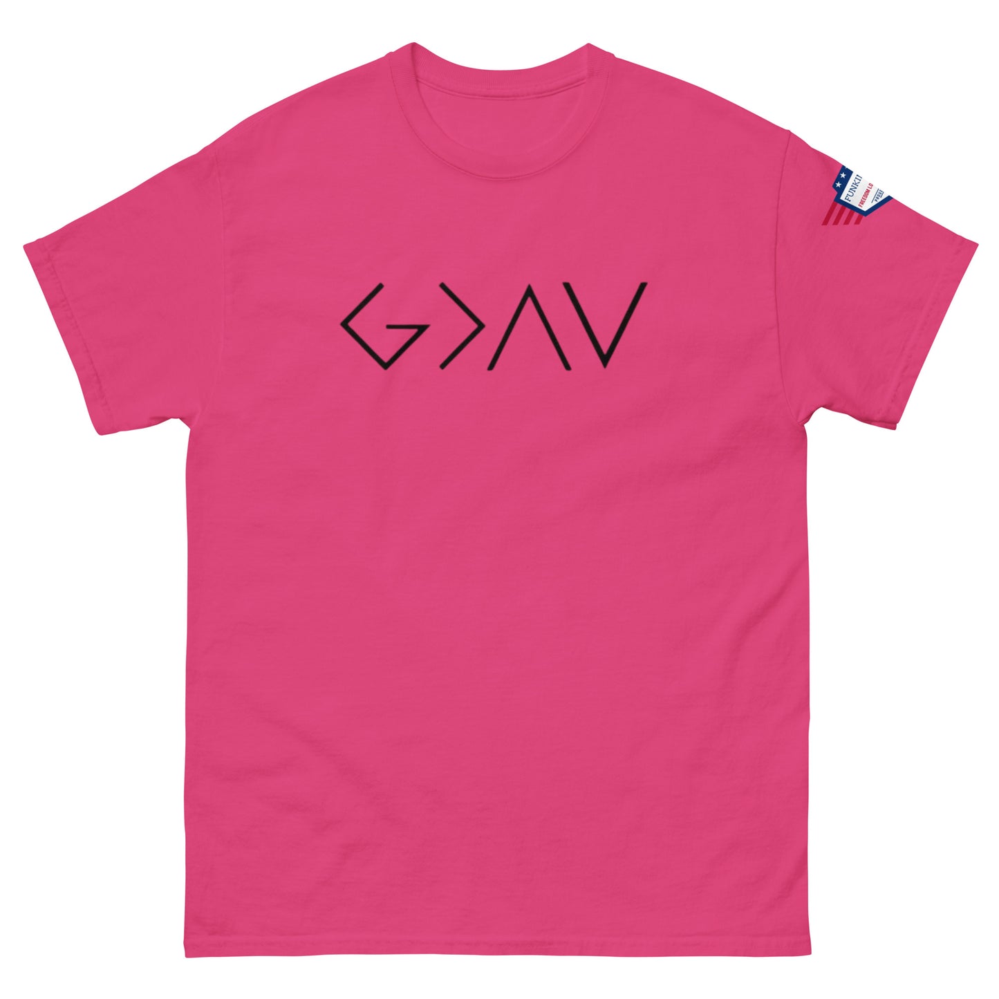 Front view of hot pink unisex t-shirt with bold black "G > AV" chest print and US flag sleeve patch