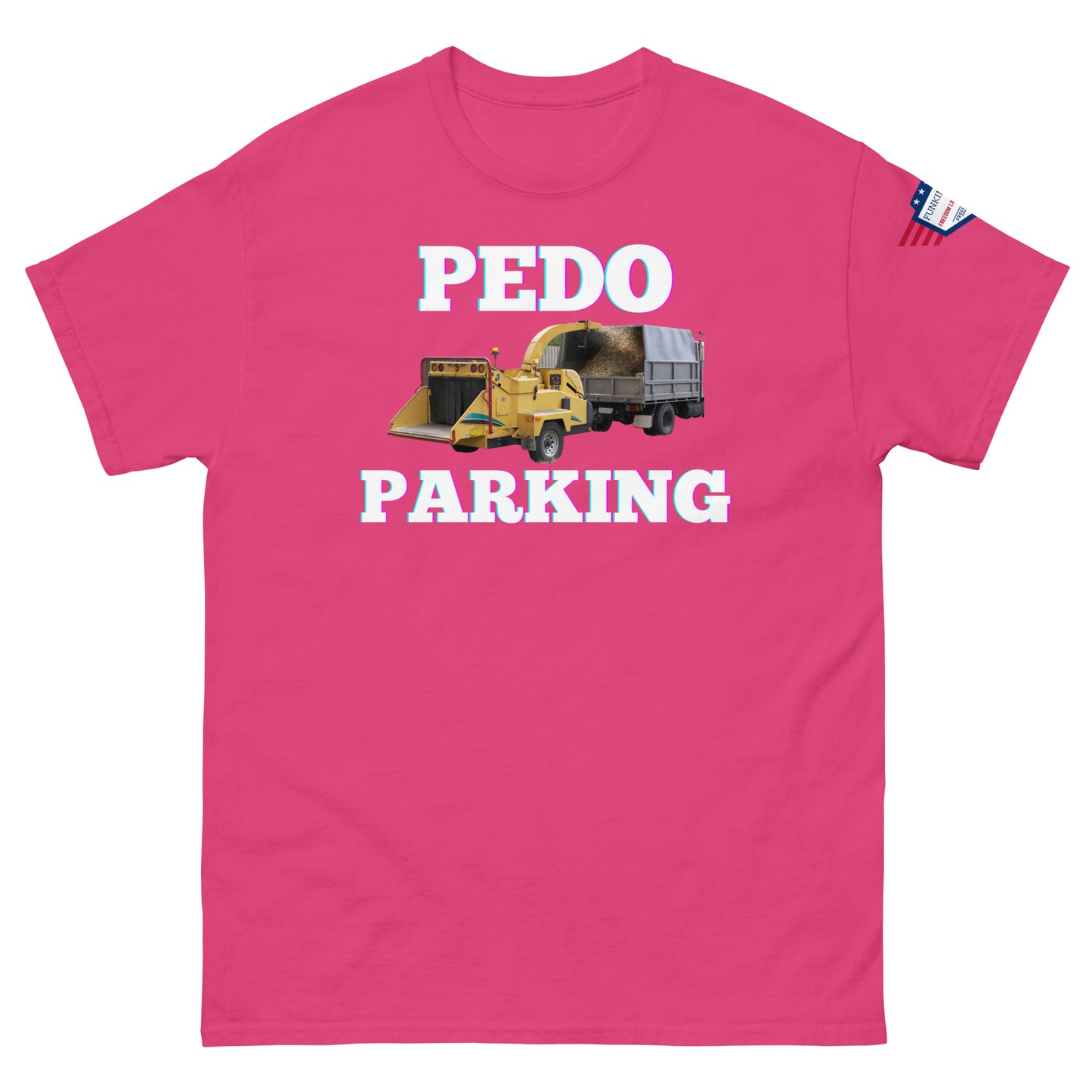 Front view of hot pink unisex tee with pink-glow "PLOWDO PARKING" print, yellow plow truck graphic, USA flag sleeve patch
