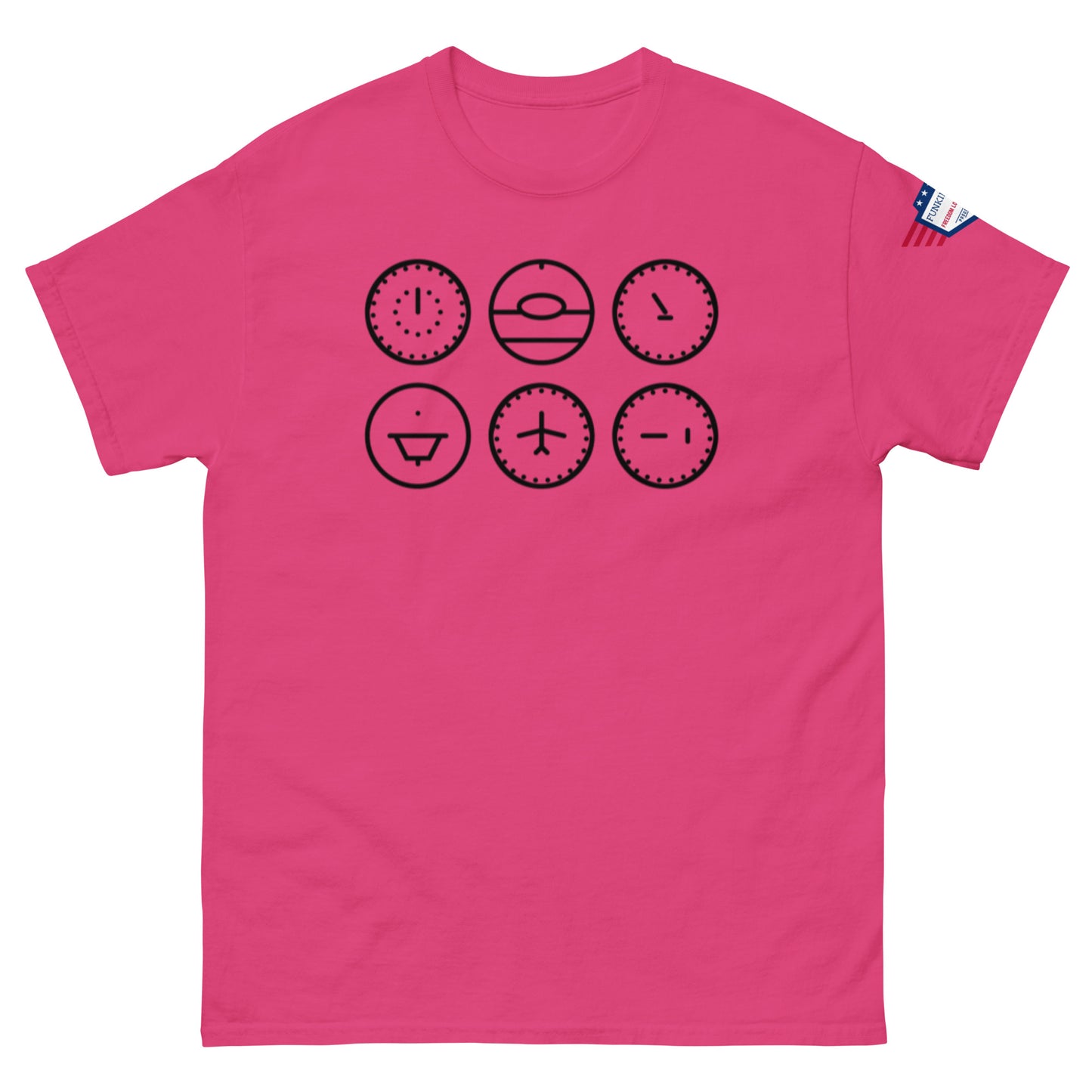 Hot pink classic tee front view of six grumpy-happy black clock emojis