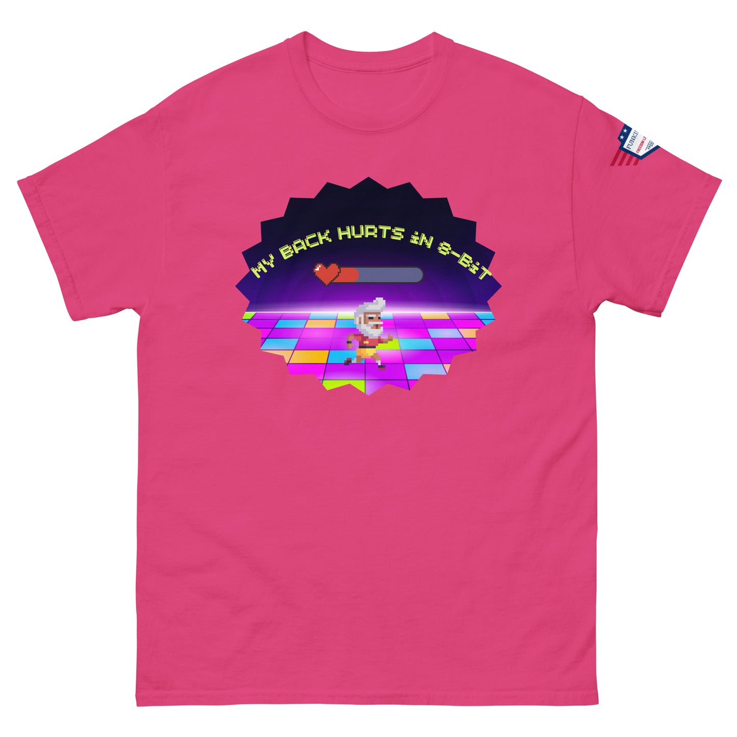 Hot pink tee front, "My Back Hurts 98%" progress bar chef on pixelated dance floor, flag on sleeve