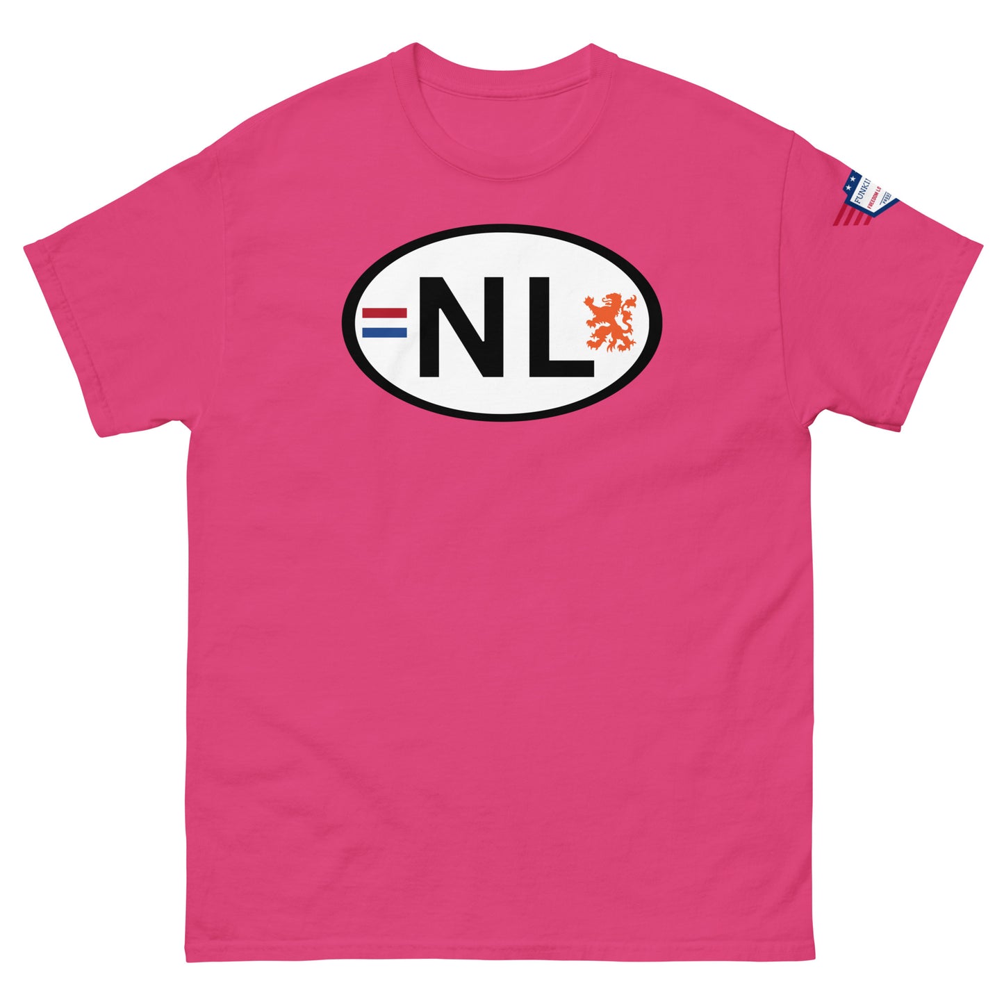 Front view of hot pink classic tee with standout white "NL" license plate graphic and fierce orange lion