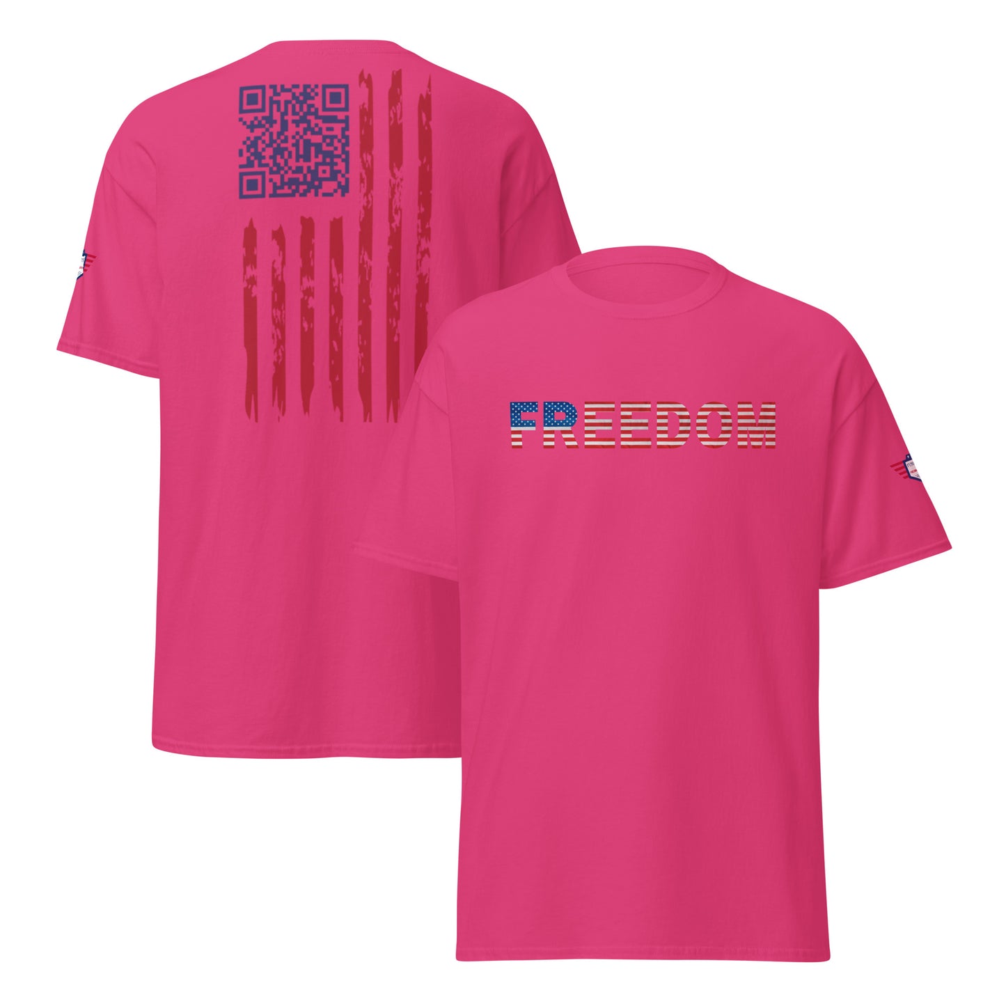 Bright pink Heliconia tee flat lay: front "FREEDOM" patriotic print, back worn US flag QR code