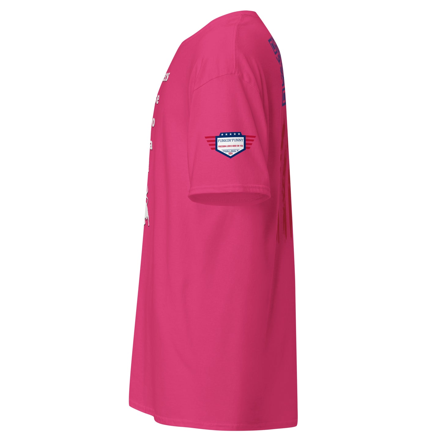Left side view of light pink t-shirt revealing partial front meme text and blue flag sleeve patch