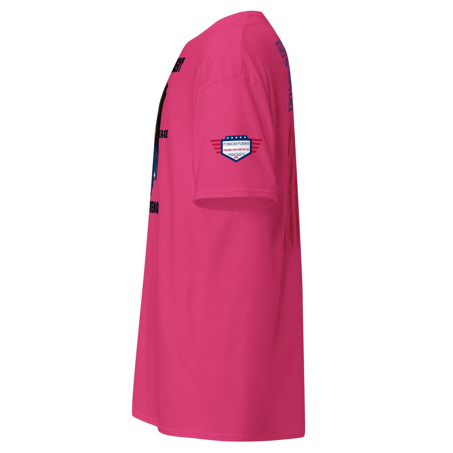 Left side view of hot pink t-shirt showing partial front text and red stripe accents