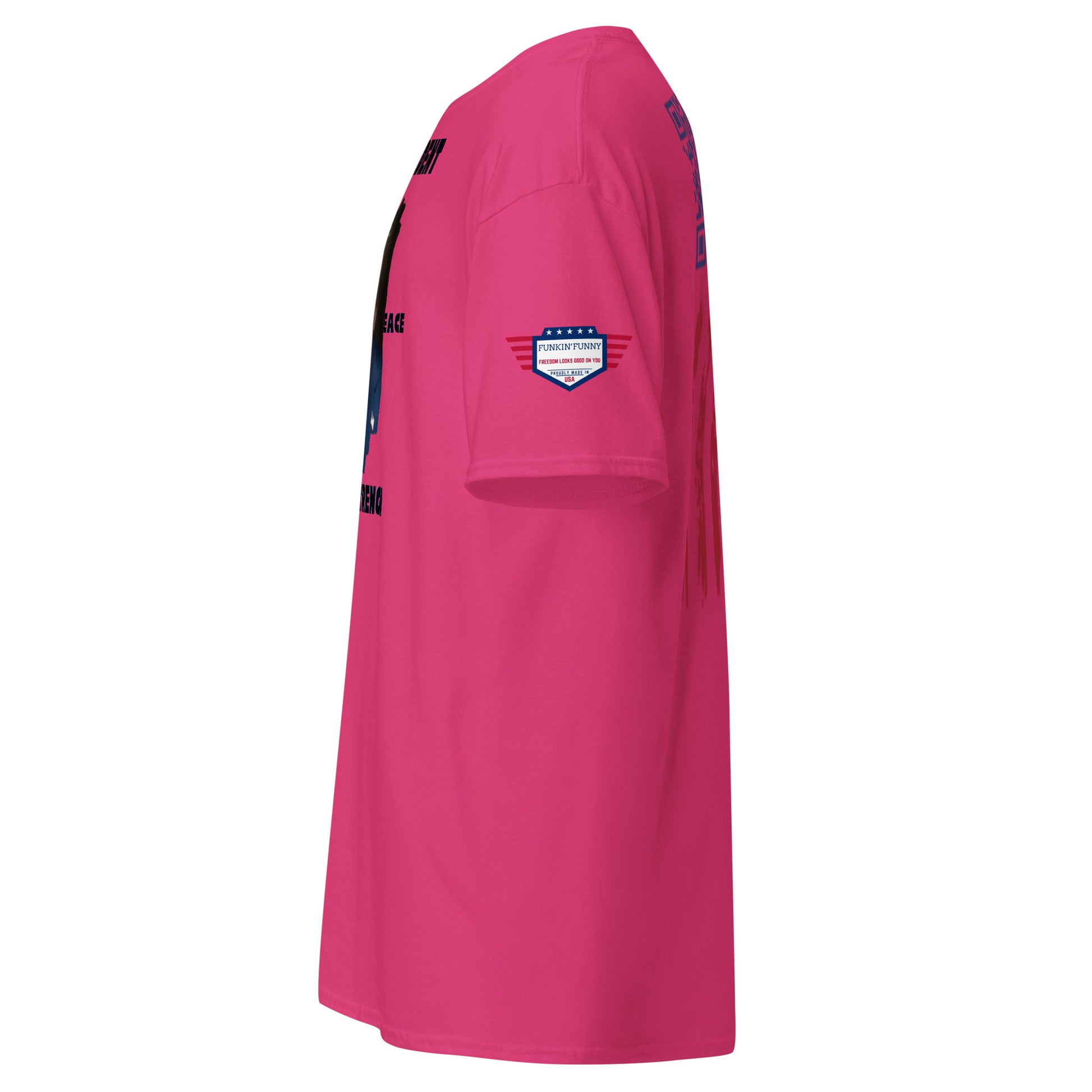 Left side view of hot pink t-shirt showing partial front text and red stripe accents