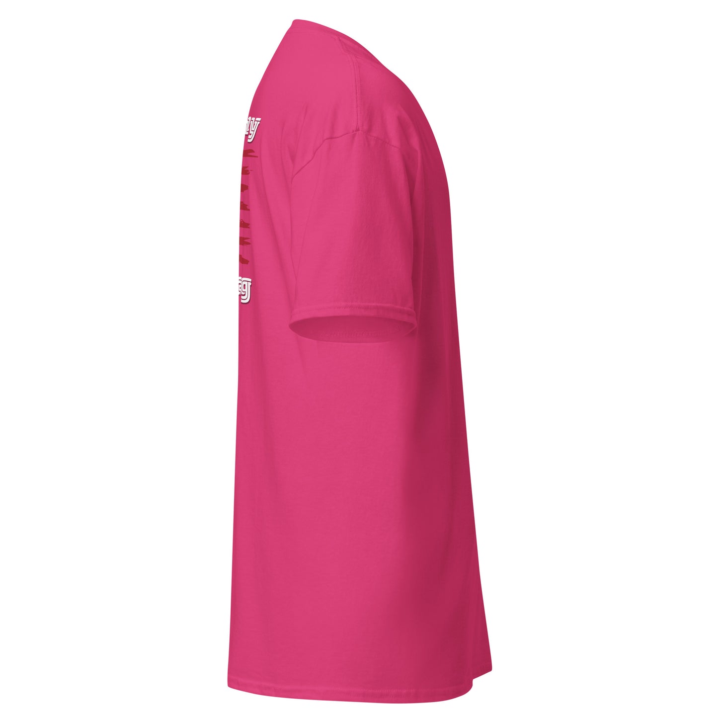 Left side view of hot pink t-shirt revealing edge of back "Pride Flag" design