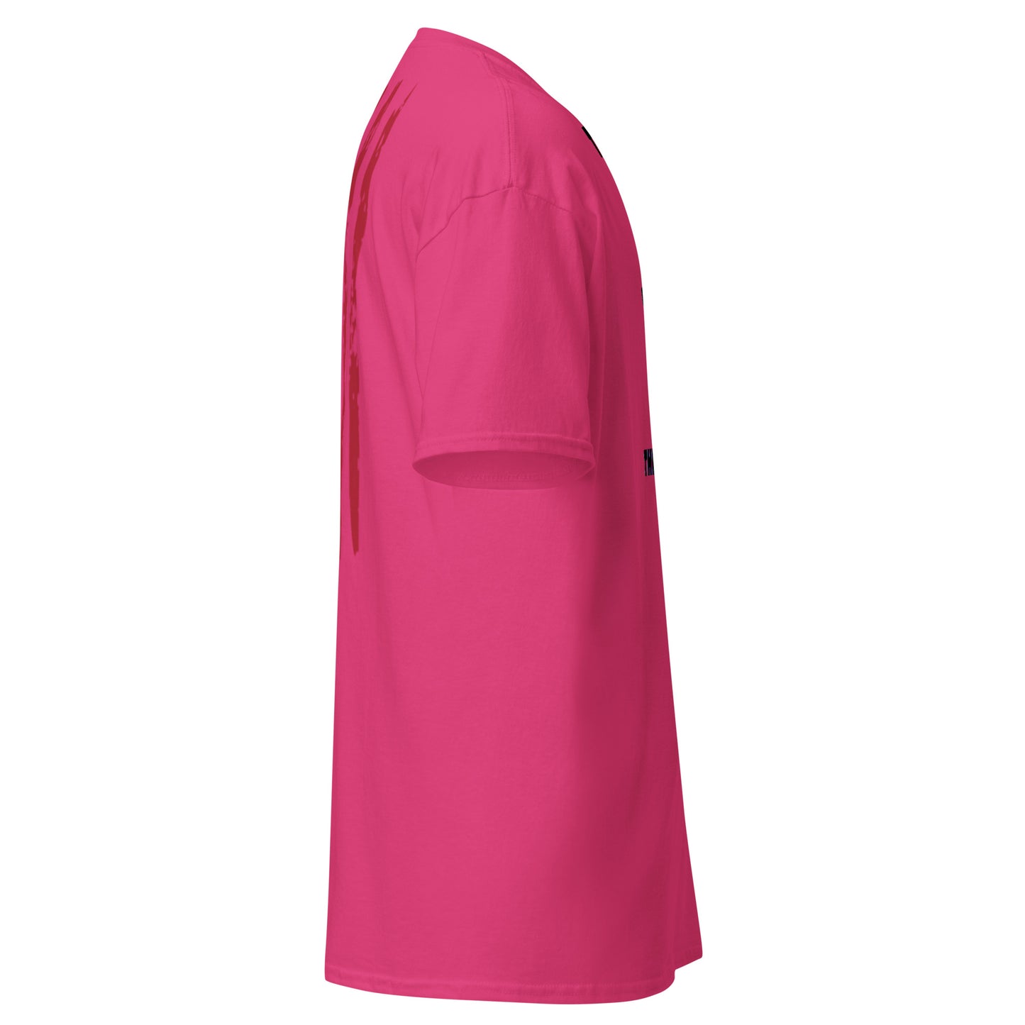 Right side view of hot pink t-shirt with US flag shoulder patch and side drape