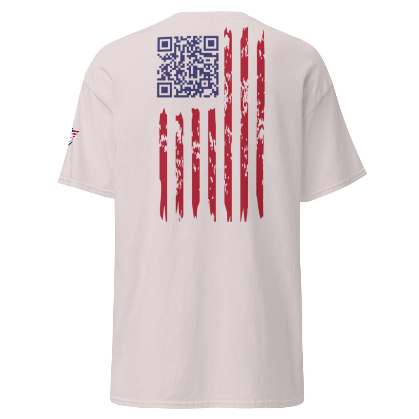 Left side view of ash gray t-shirt highlighting flag sleeve patch and design edges