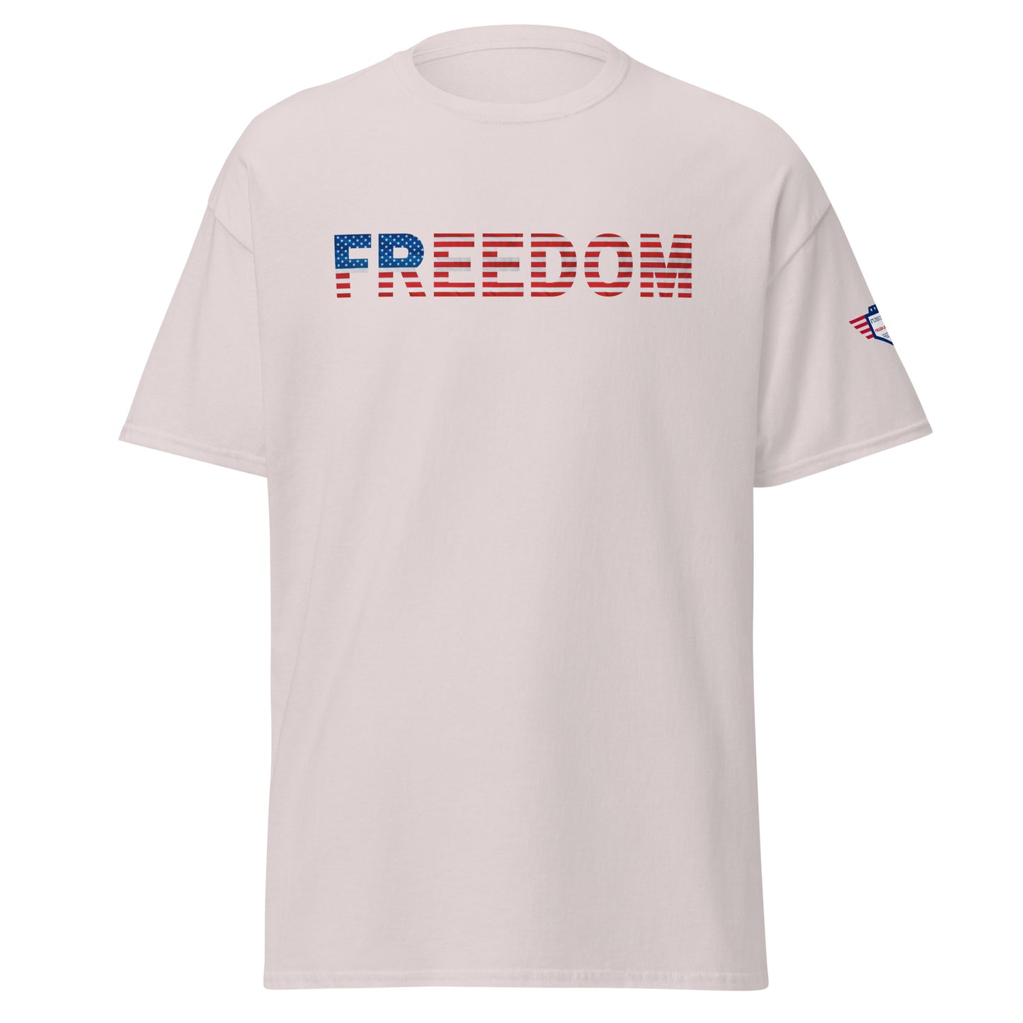Right side view of ash gray FREEDOM tee with red stripes teasing the back flag