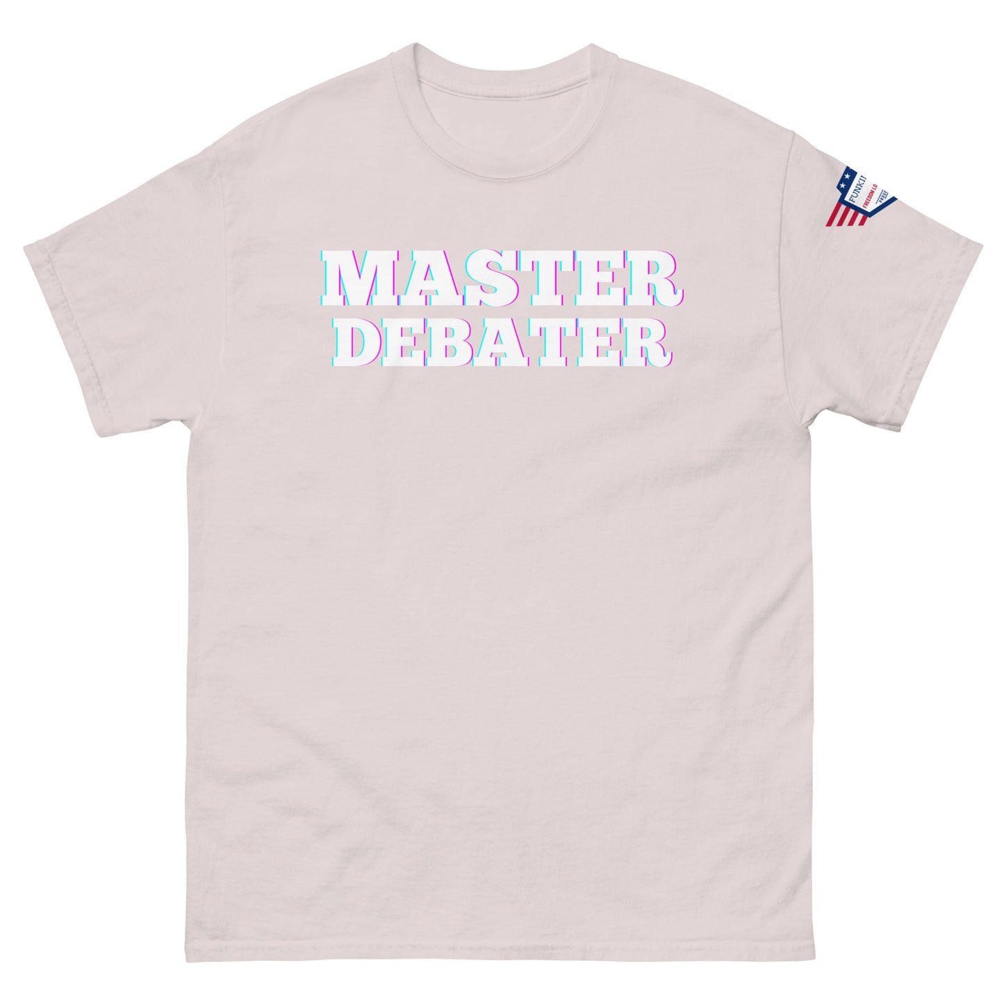 Front view of ash gray unisex tee showing glossy white "MASTER DEBATER" print with glow, US flag patch