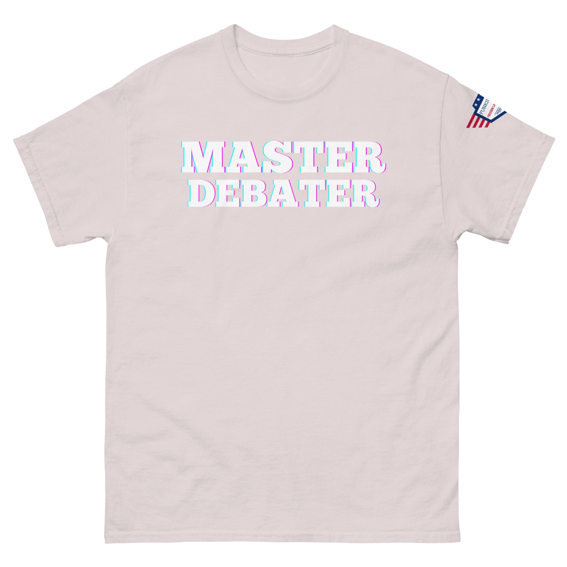 Front view of ash gray unisex tee showing glossy white "MASTER DEBATER" print with glow, US flag patch